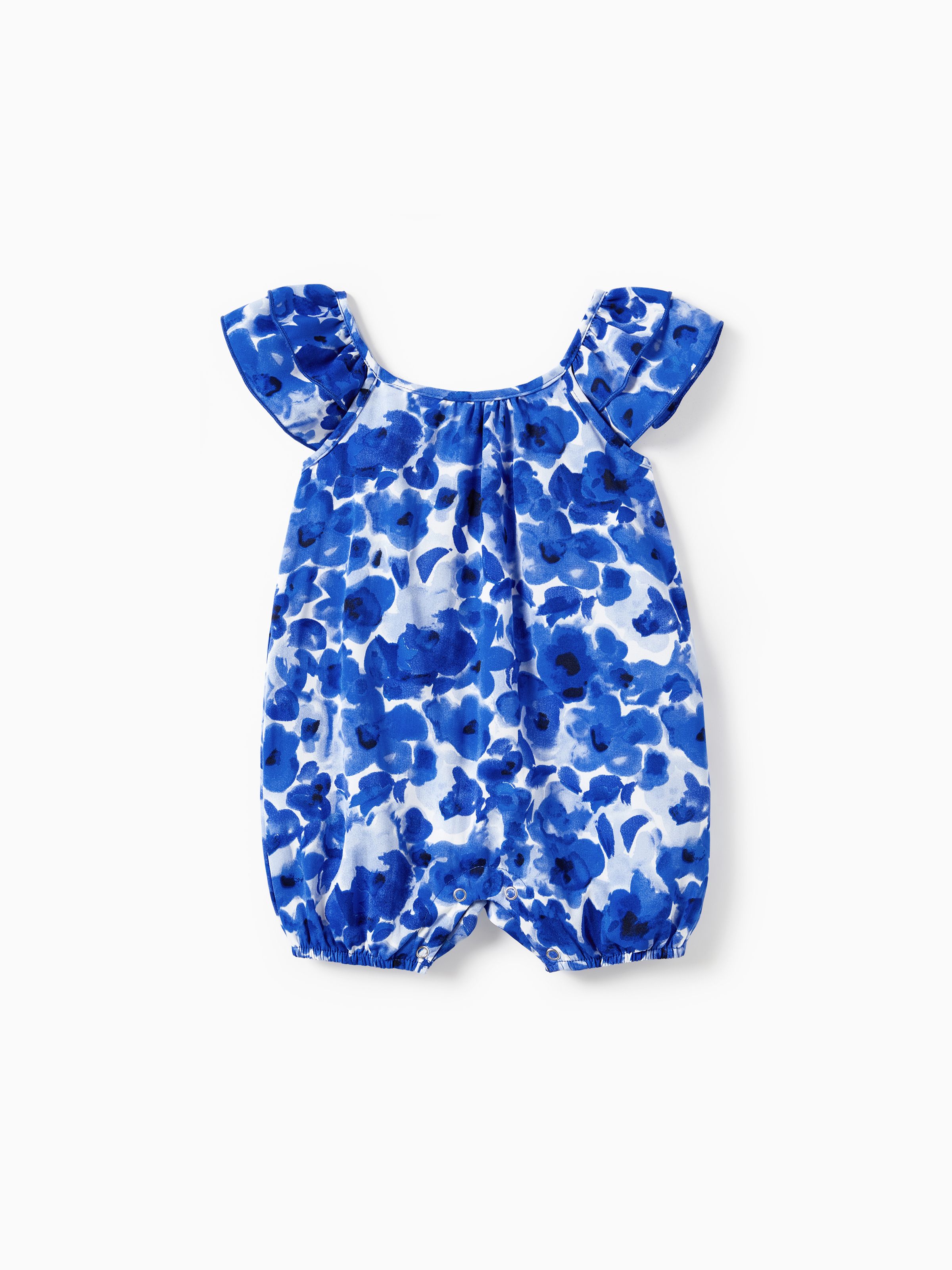 

Mommy and Me Blue Floral Wrap Front Flounce Trim Strap Dress