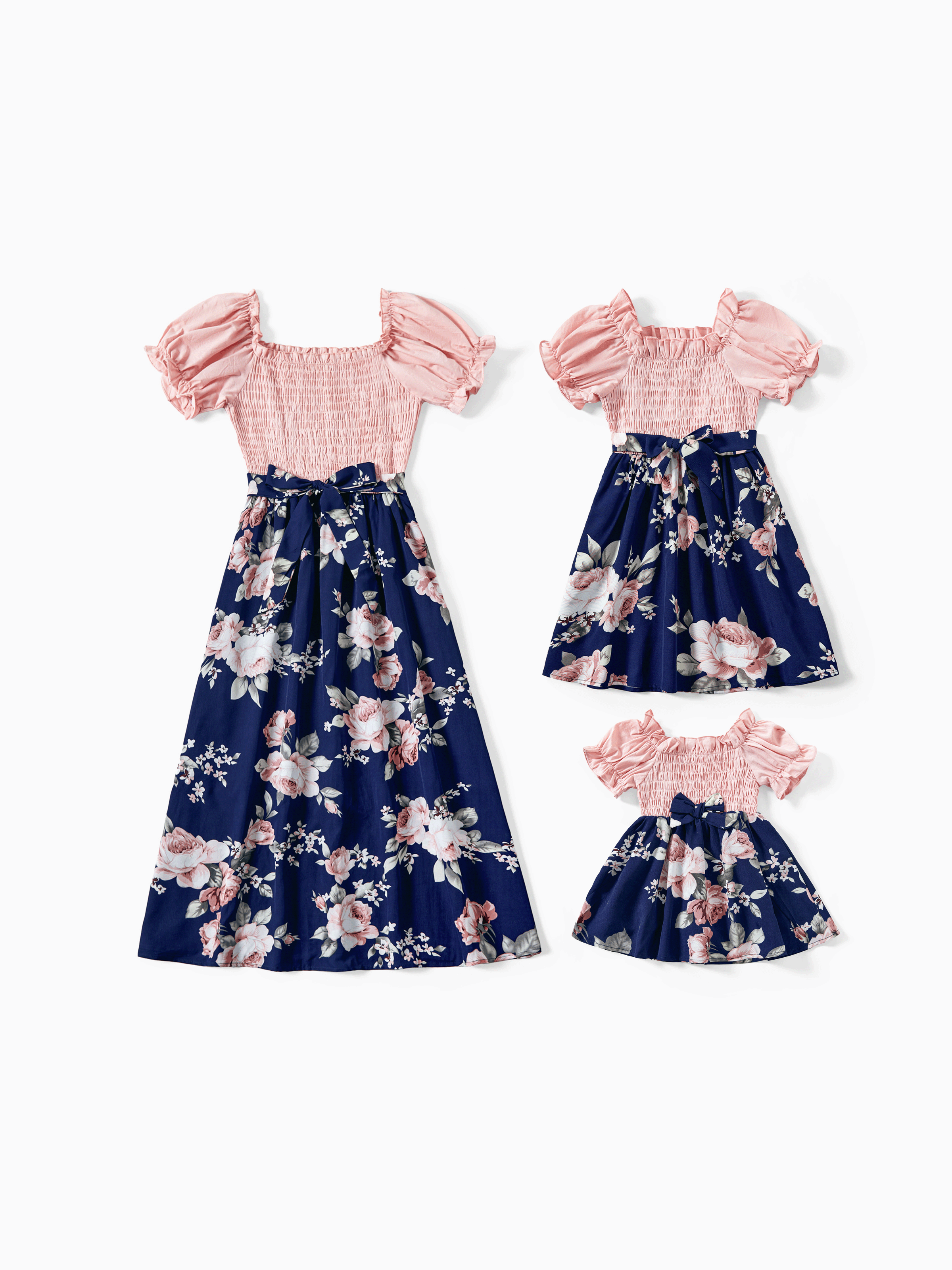 Mommy and Me Shirred Bodice Puff  Sleeve Floral Dresses