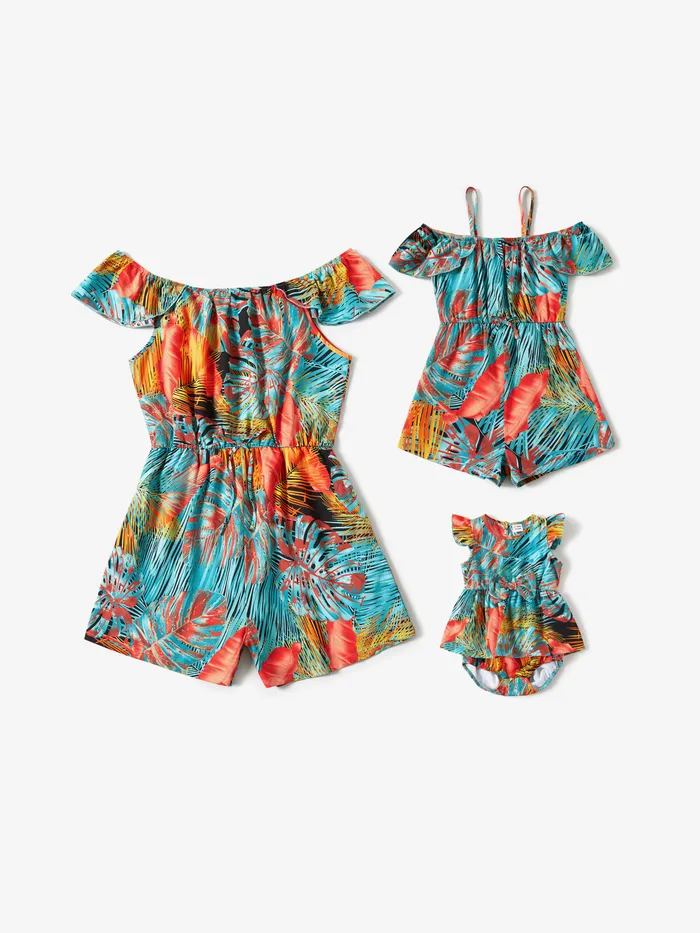Mommy and Me Off Shoulder/Spaghetti Strap Tropical plant Pattern Floral Rompers