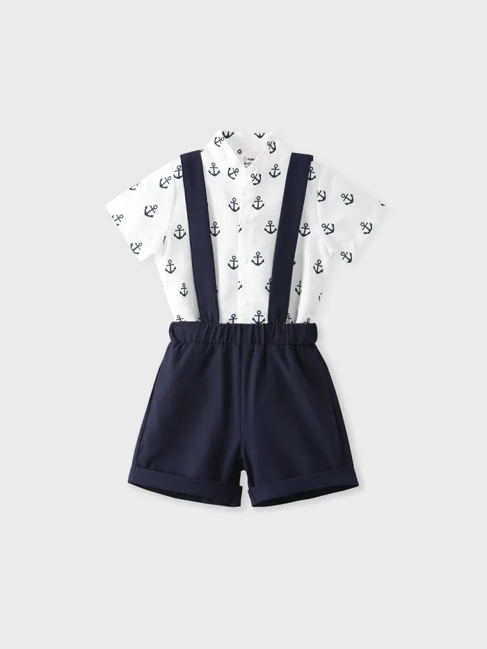 2pcs Baby Boy Allover Anchor Print Short-sleeve Romper and Solid Suspender Shorts Set