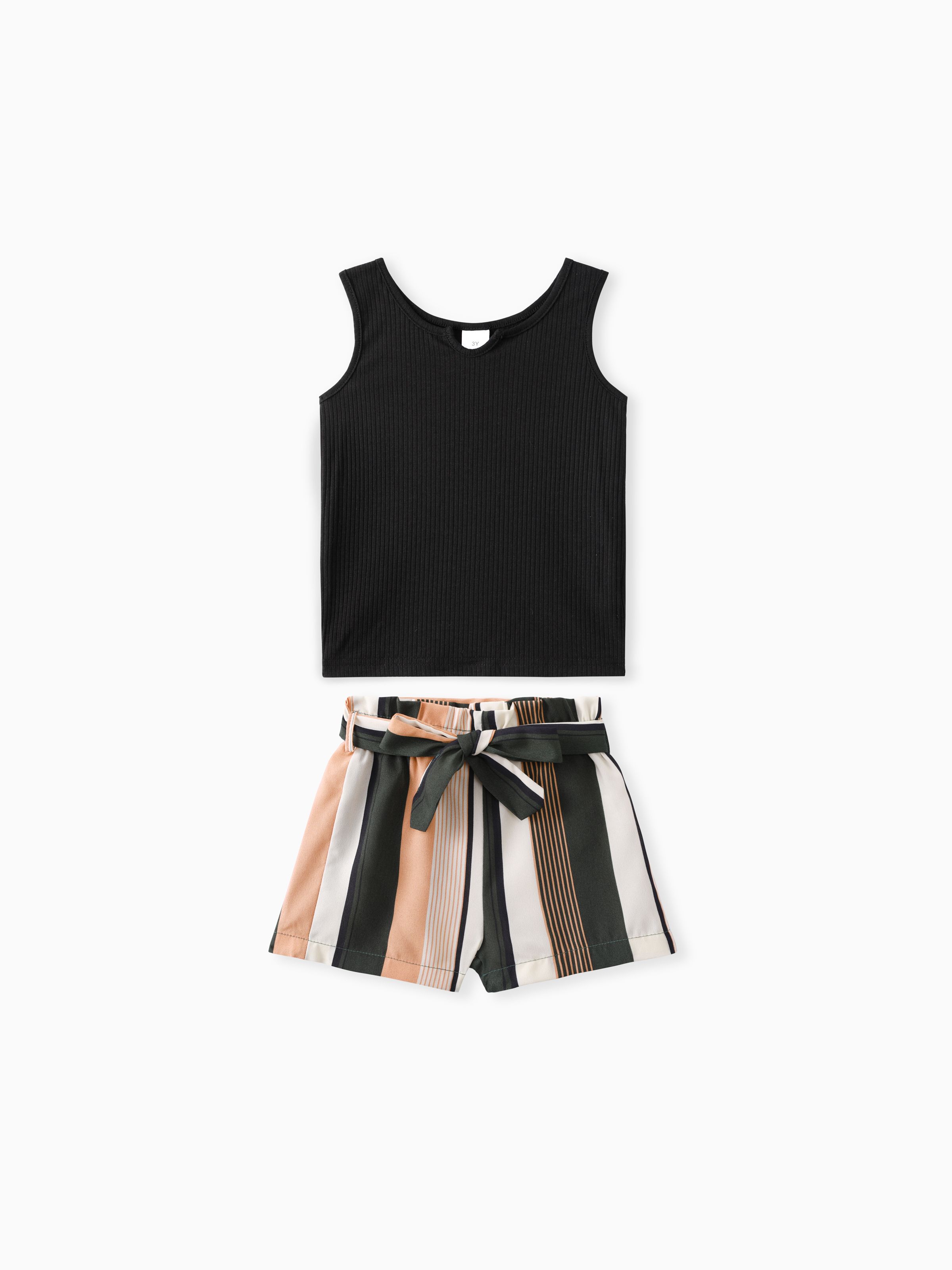 

2pcs Toddler Girl Boho Ribbed Tank Top and Stripe Belted Shorts Set