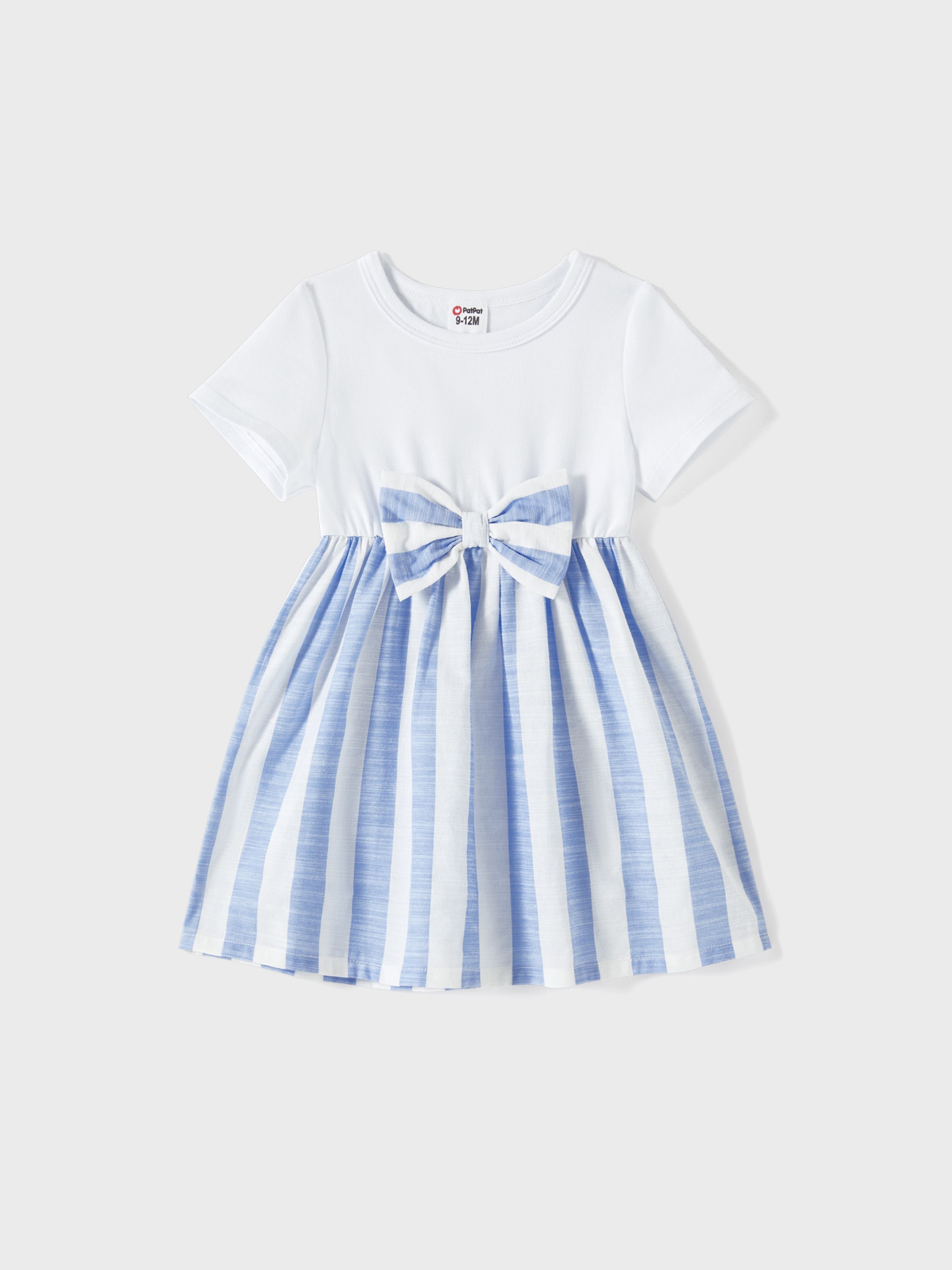 

Family Matching Cotton Short-sleeve Spliced Tee and Striped Surplice Neck Short-sleeve Belted Dresses Sets