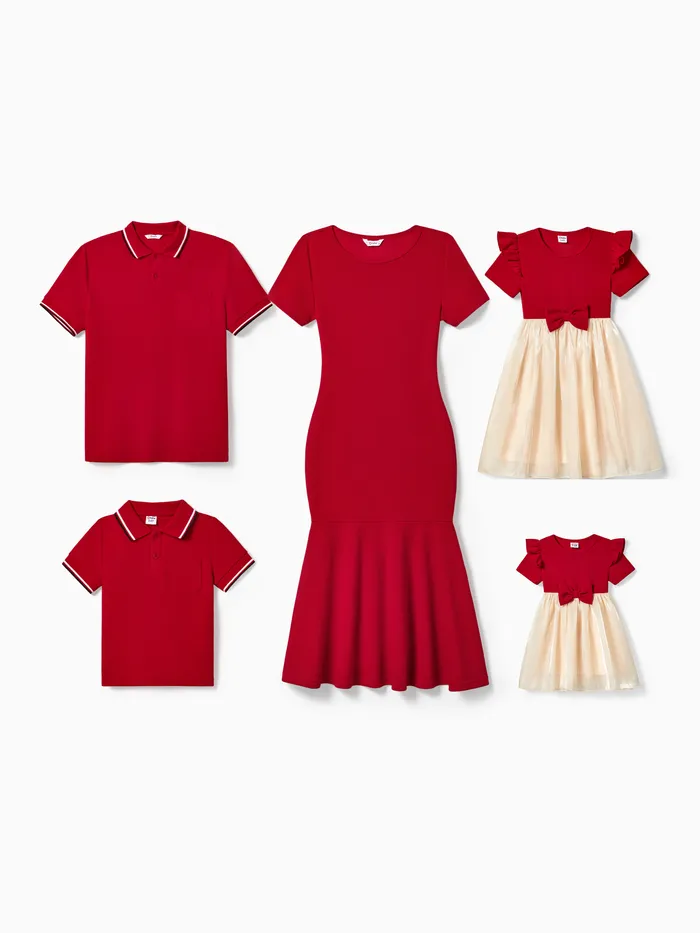 Family Matching Solid Color Short-sleeve Laper-collar Tops and Mermaid/Mesh Dresses Sets