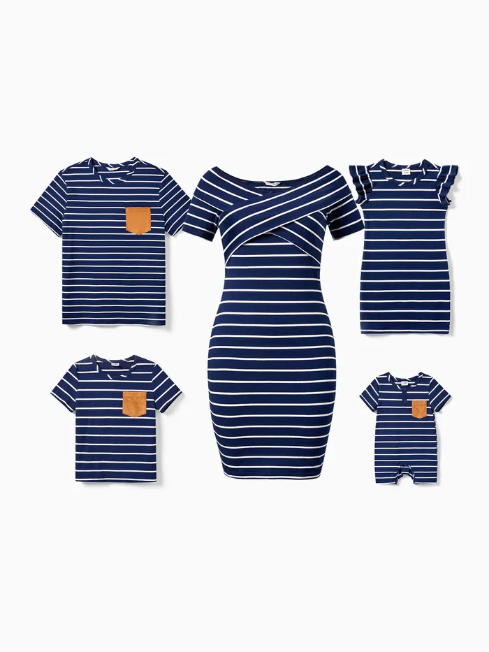 Family Matching Stripe T-shirt and Stripe Cotton Crisscross Bodycon Knitted Off-Shoulder Dress Sets