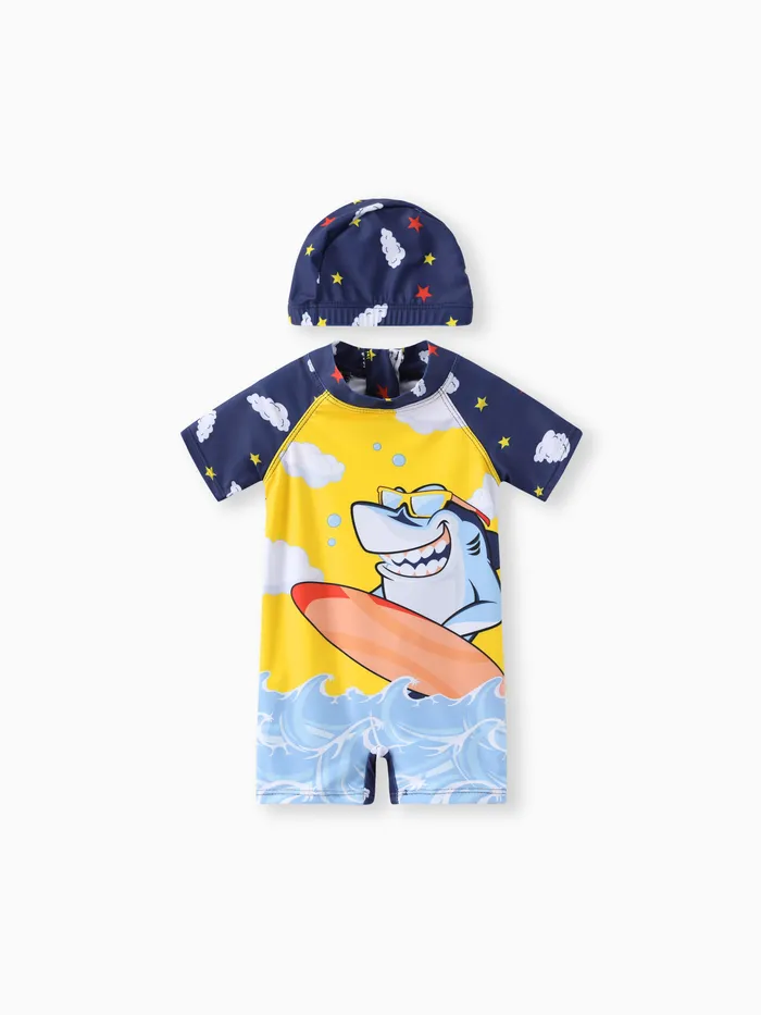 Ensemble de maillot de bain enfant requin pour garçons - 2pcs Maillots de bain moulants avec col montant - Polyester Spandex Bl