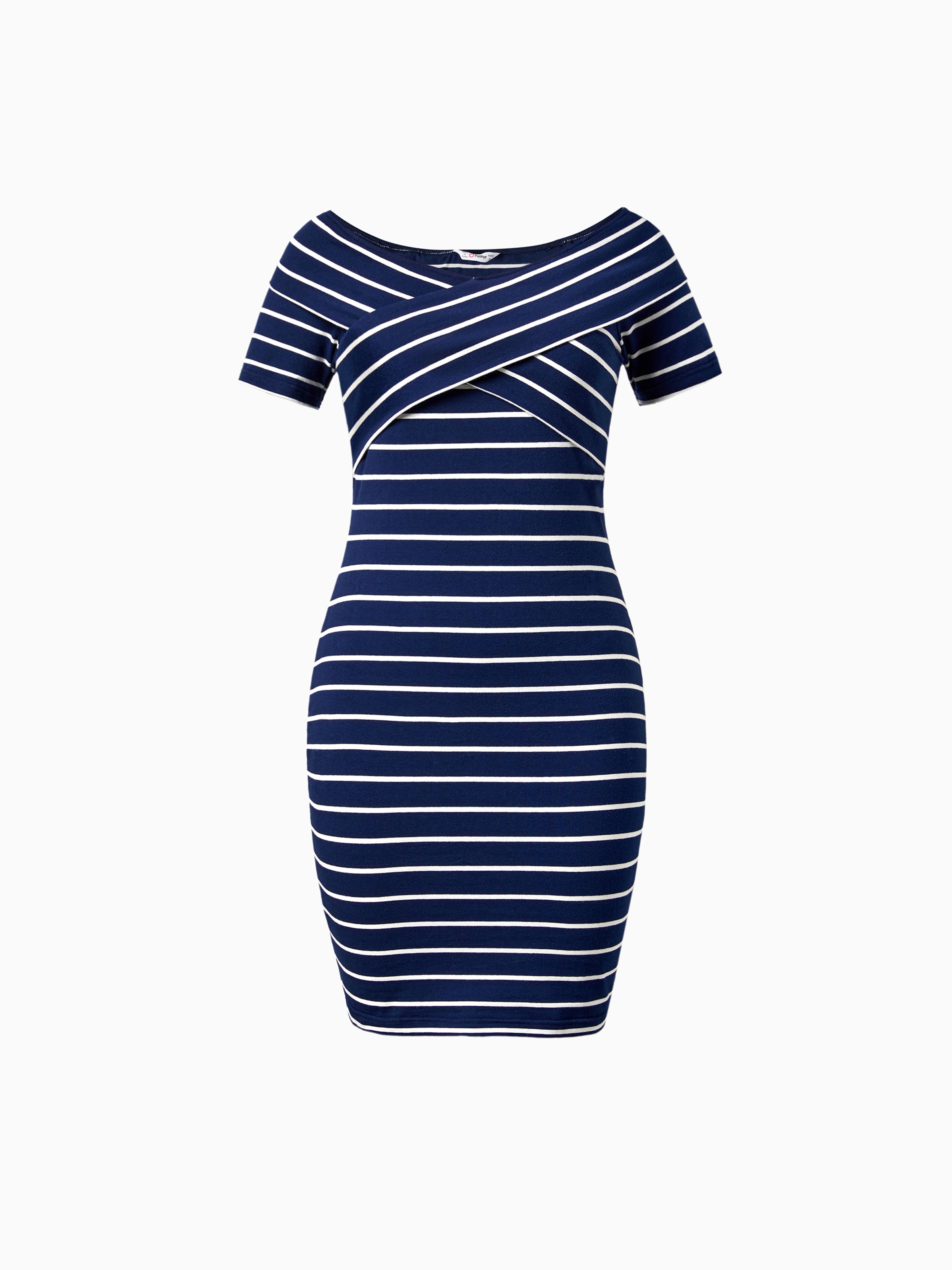 

Family Matching Stripe T-shirt and Stripe Cotton Crisscross Bodycon Knitted Off-Shoulder Dress Sets