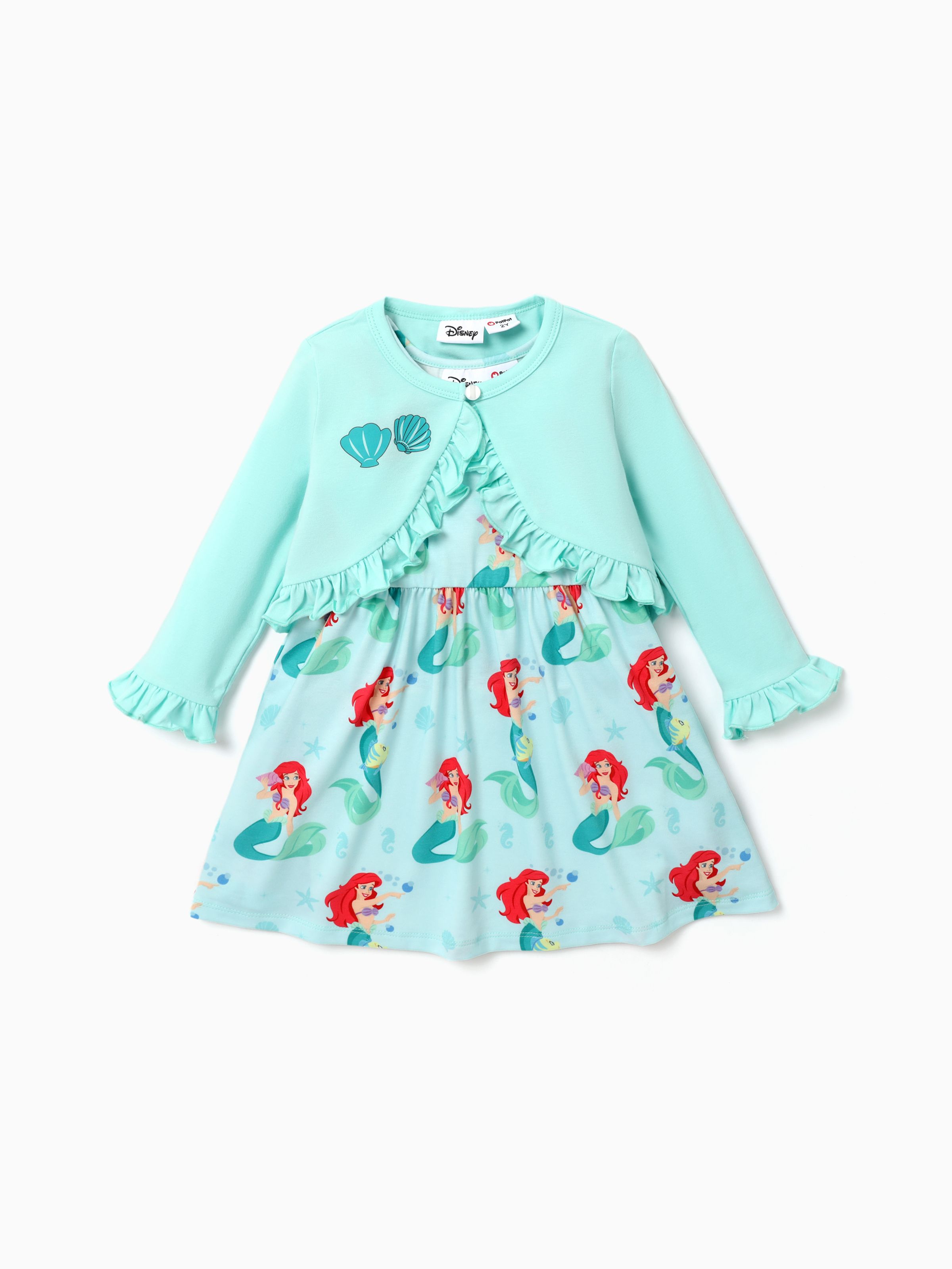 迪士尼公主蹣跚學步的女孩角色 Ariel 連衣裙套裝，帶荷葉邊