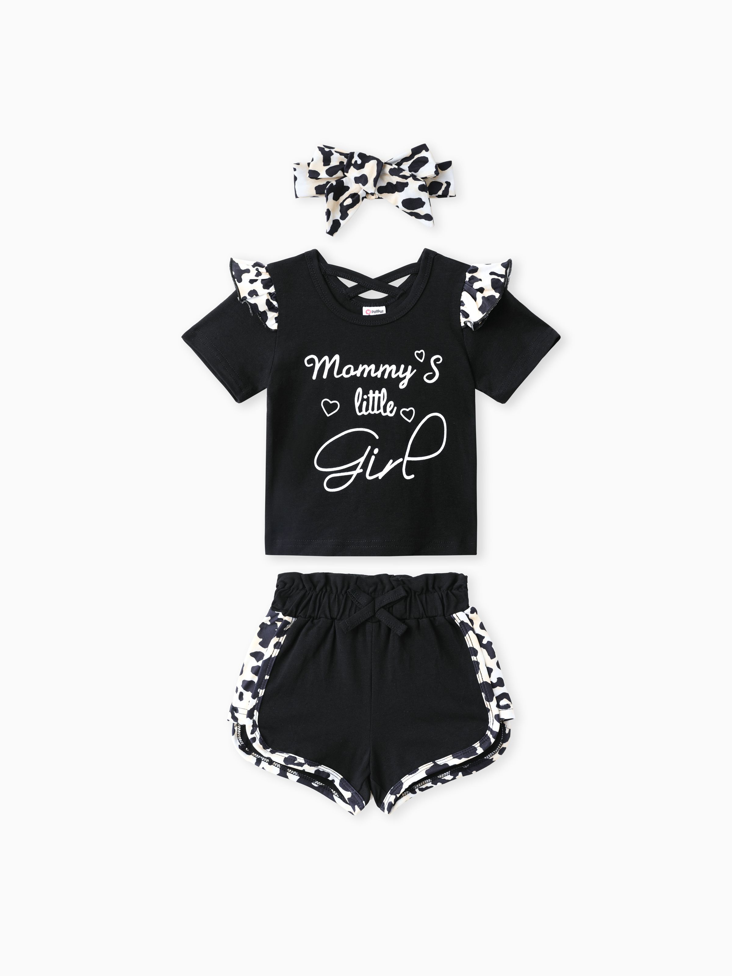 

3pcs Baby Girl 95% Cotton Leopard Print Ruffle Trim Letter Graphic Short-sleeve Tee and Shorts & Headband Set