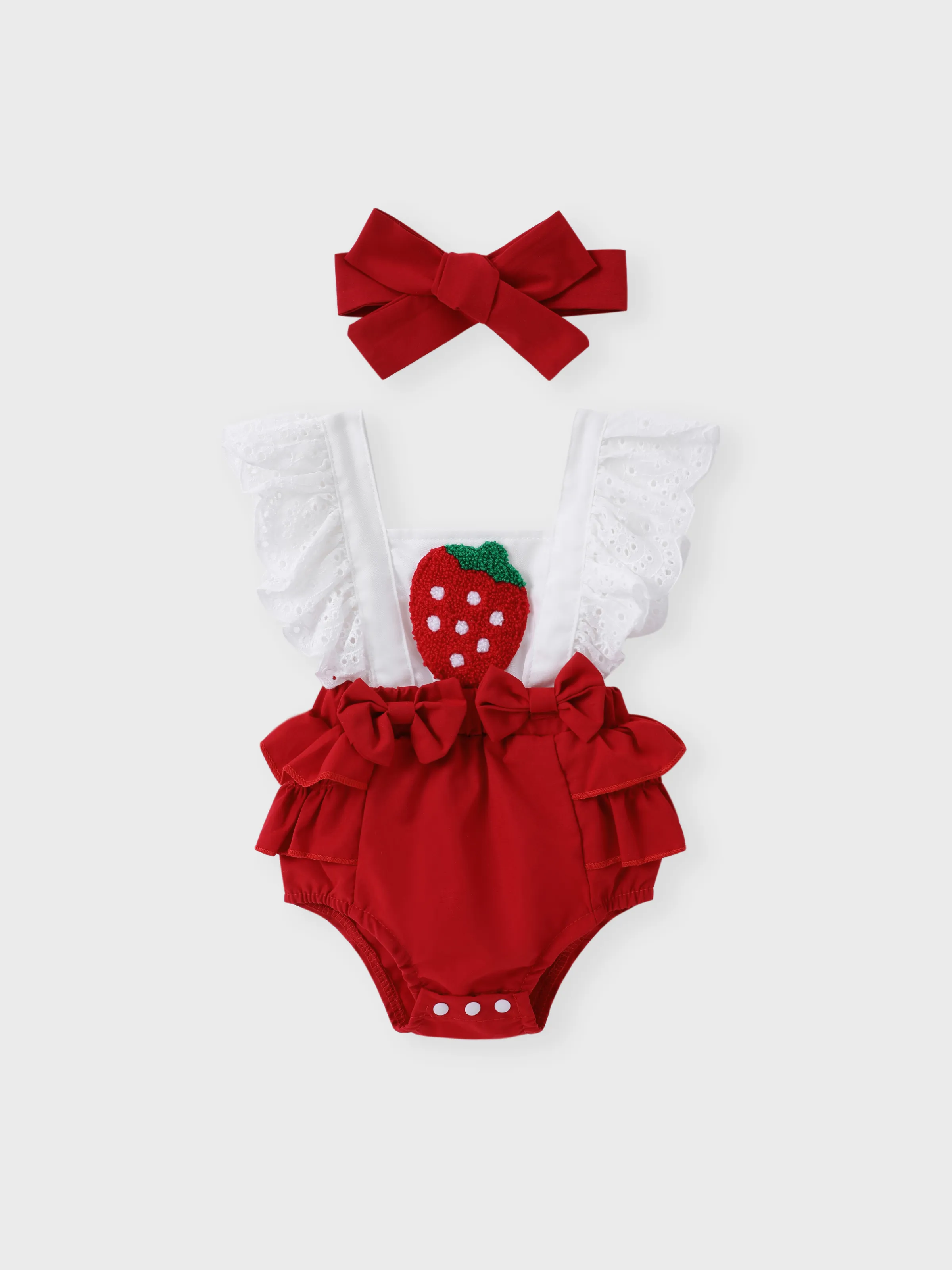 

2pcs Baby Girl Strawberry Embroidered Bow Front Ruffled Spliced Romper & Headband Set