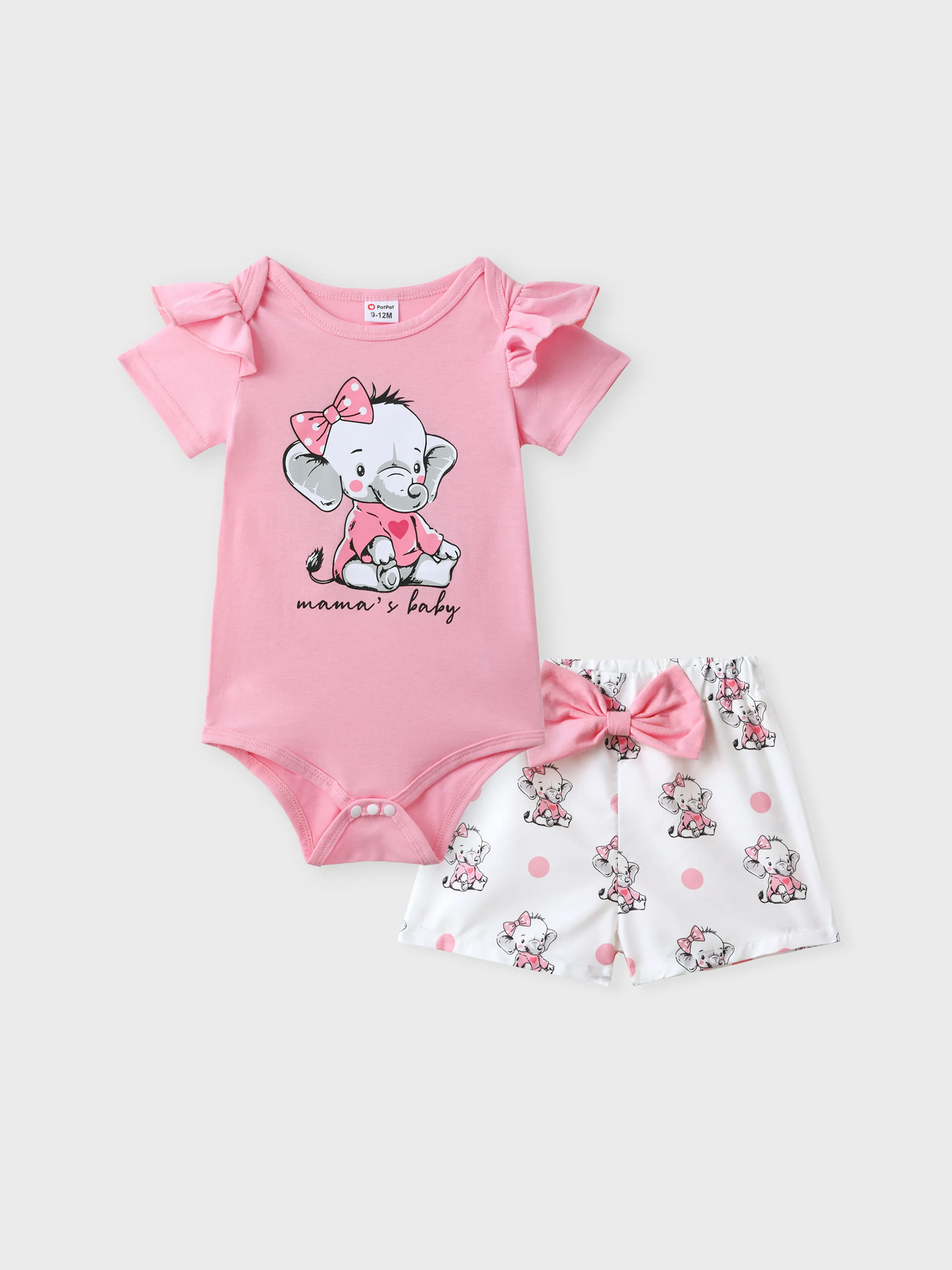 

3pcs Baby Girl Elephant Print Ruffle Short-sleeve Romper and Bow Front Shorts & Headband Set