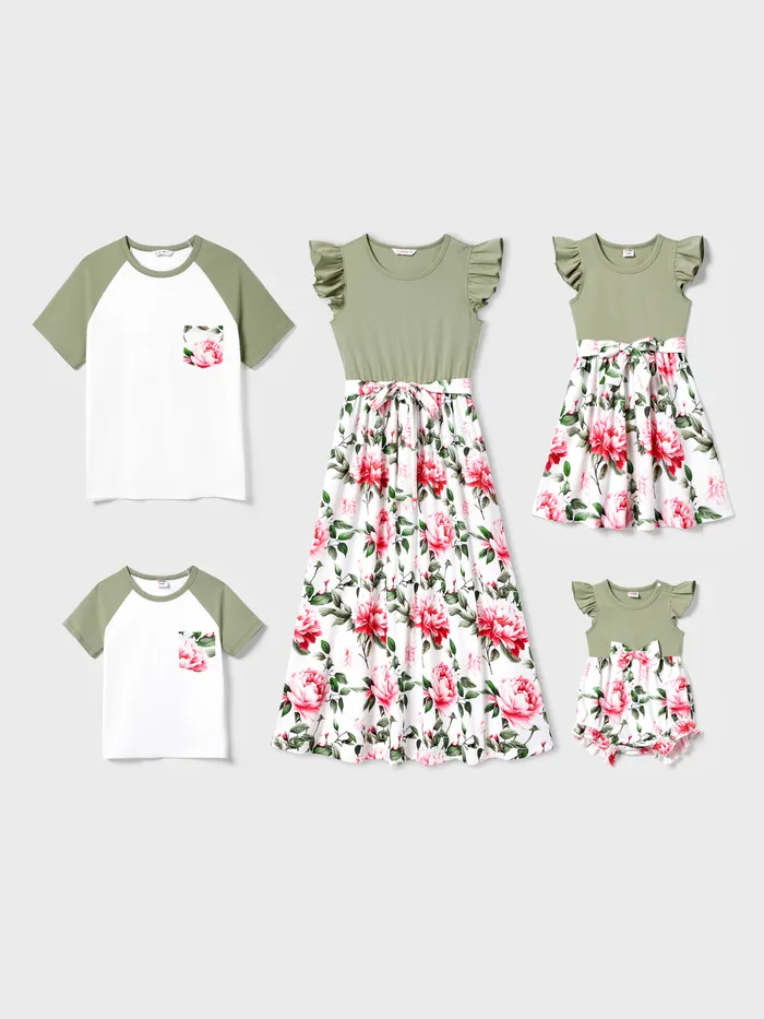 Conjuntos de camiseta familiar con mangas raglán y vestidos florales con hombros ondulados a juego