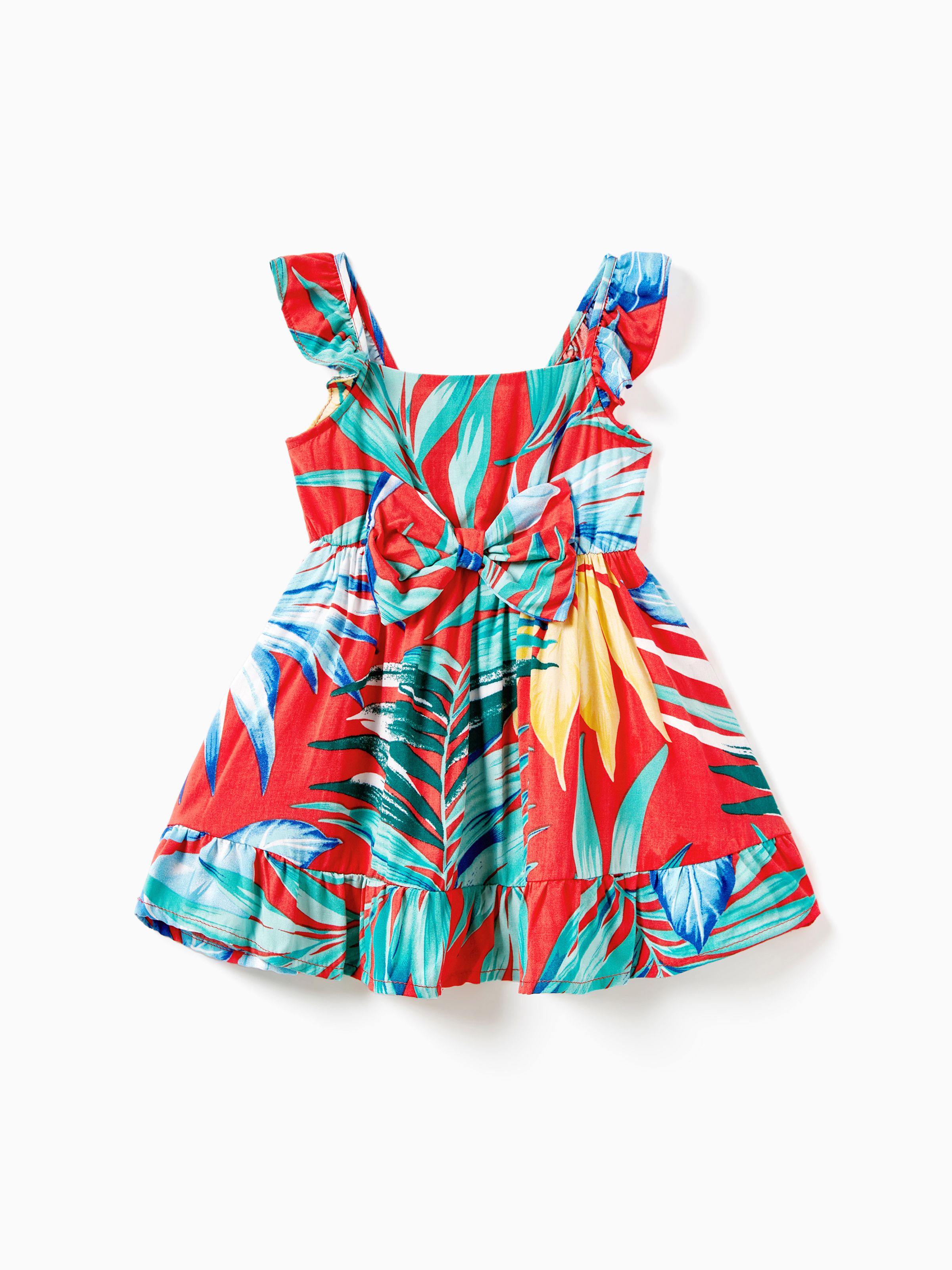 

Family Matching Color Block Tee and Drawstring Tropical Leaf Printed Shirred Back Strap Dress Sets