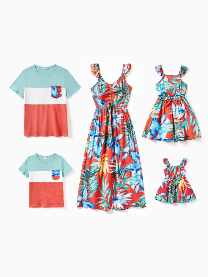 Family Matching Color Block Tee and Drawstring Tropical Leaf Printed Shirred Back Strap Dress Sets
