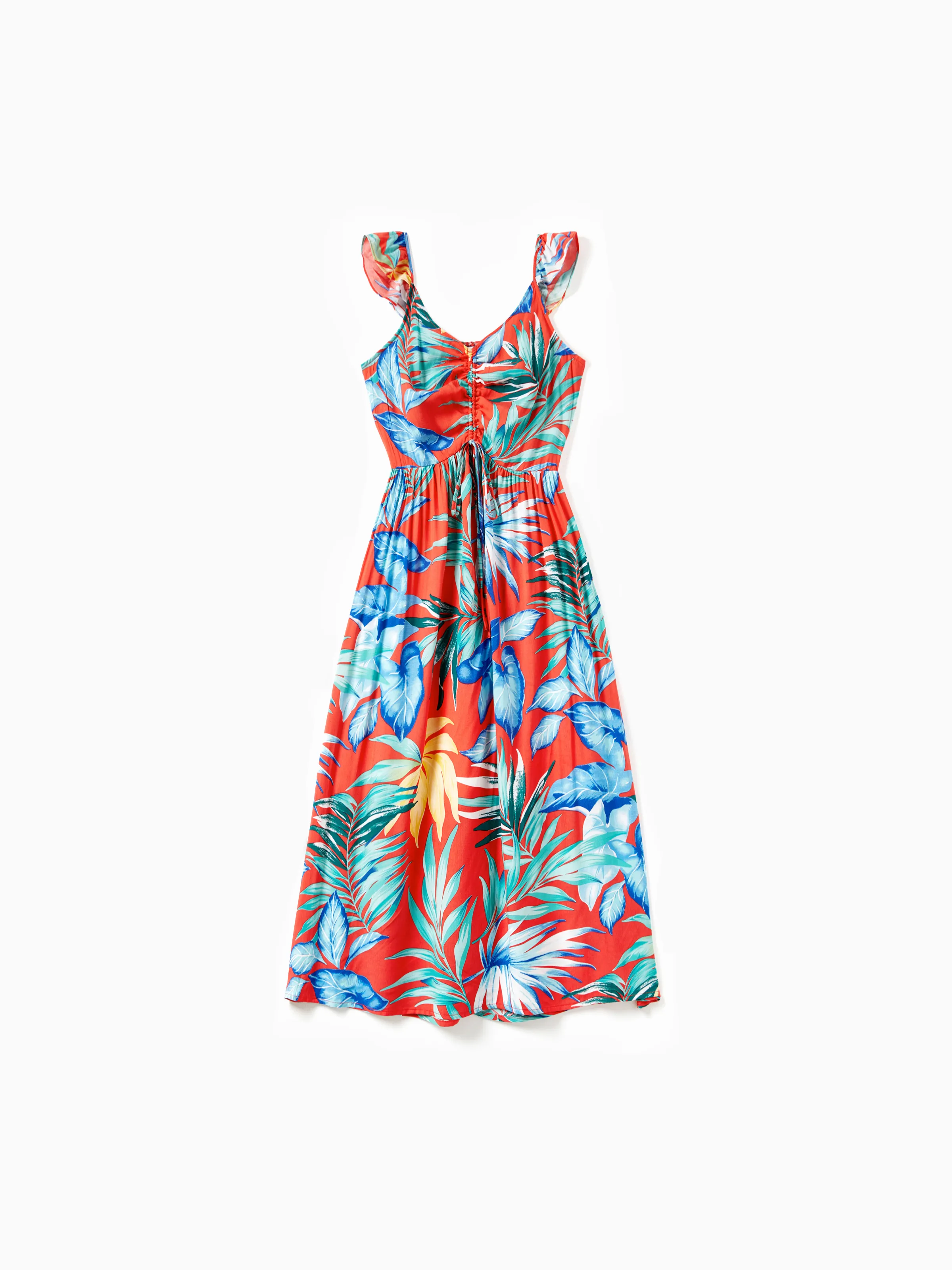 

Family Matching Color Block Tee and Drawstring Tropical Leaf Printed Shirred Back Strap Dress Sets