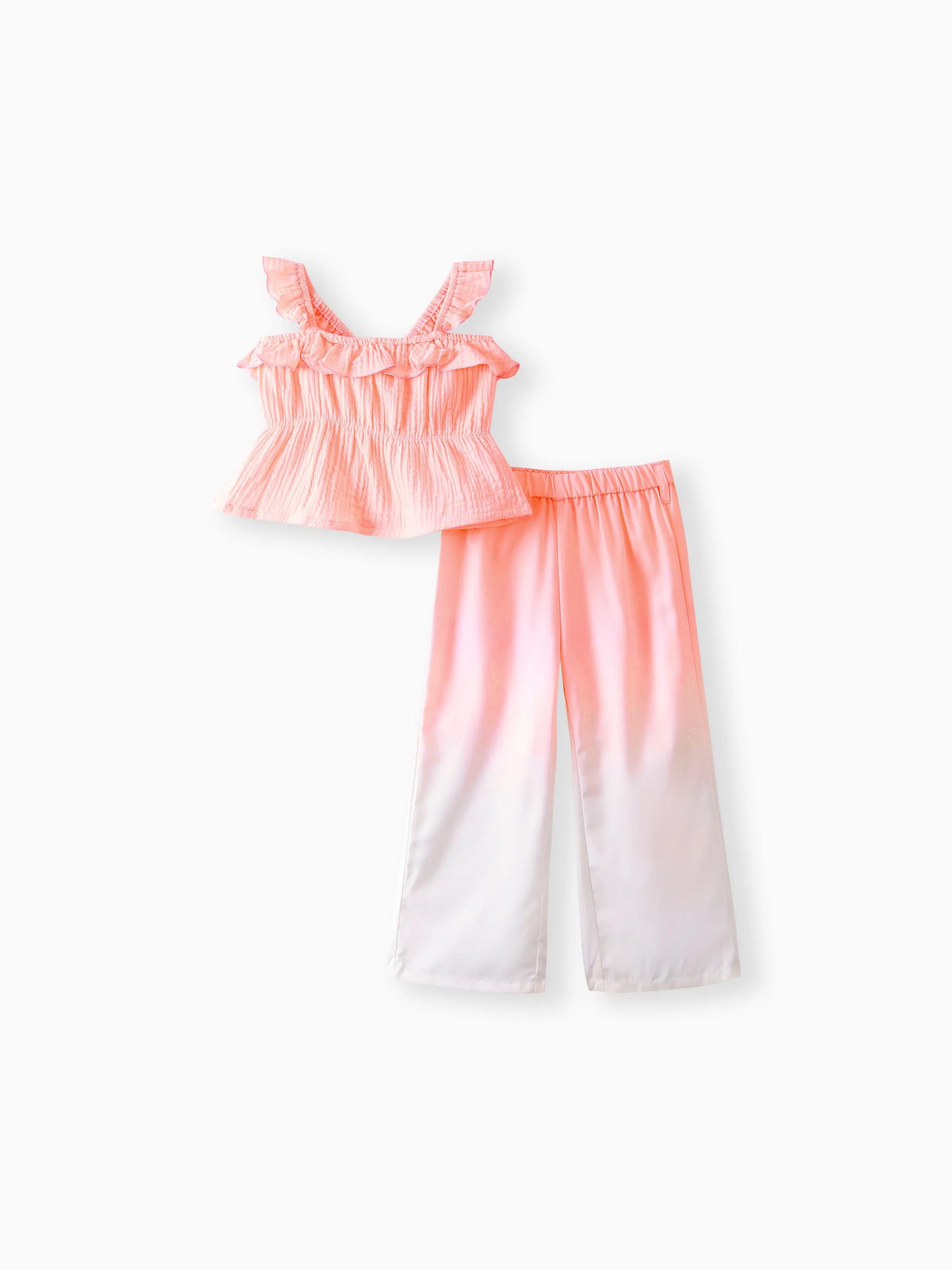 

2pcs Toddler Girl Ruffled Crepe Camisole and Belted Gradient Color Pants Set