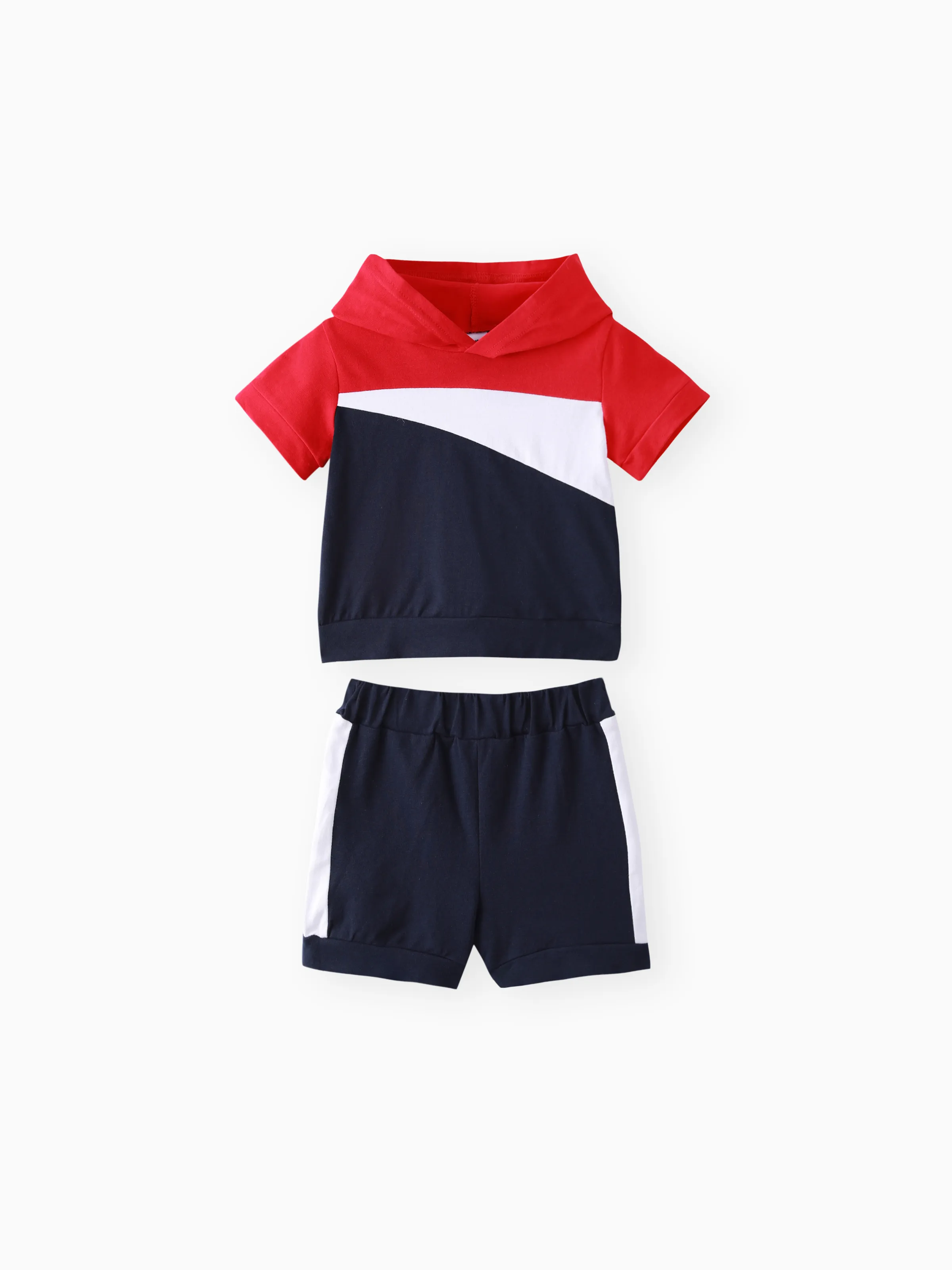 

2pcs Baby Boy 95% Cotton Hooded Short-sleeve Colorblock Top & Shorts Set