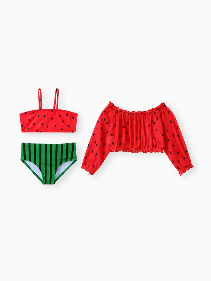Watermelon Off-shoulder Toddler Girl 3pcs Swimsuit Set