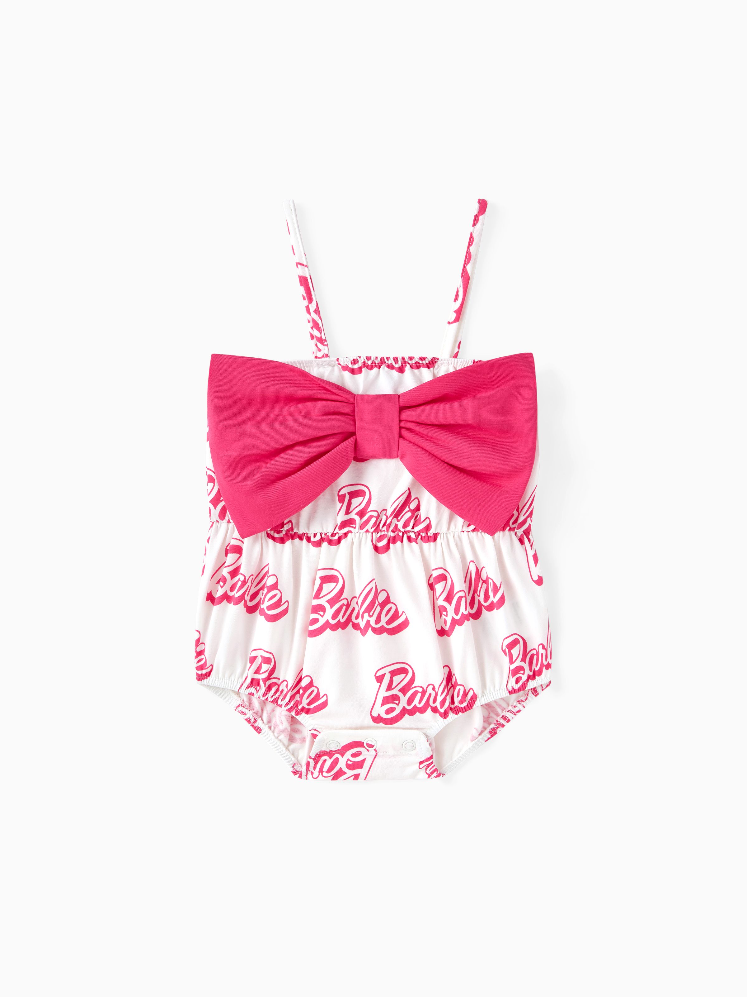 

Barbie Baby Girls 1pc 95% Cotton Allover Letter Print Bow Front Cami Romper