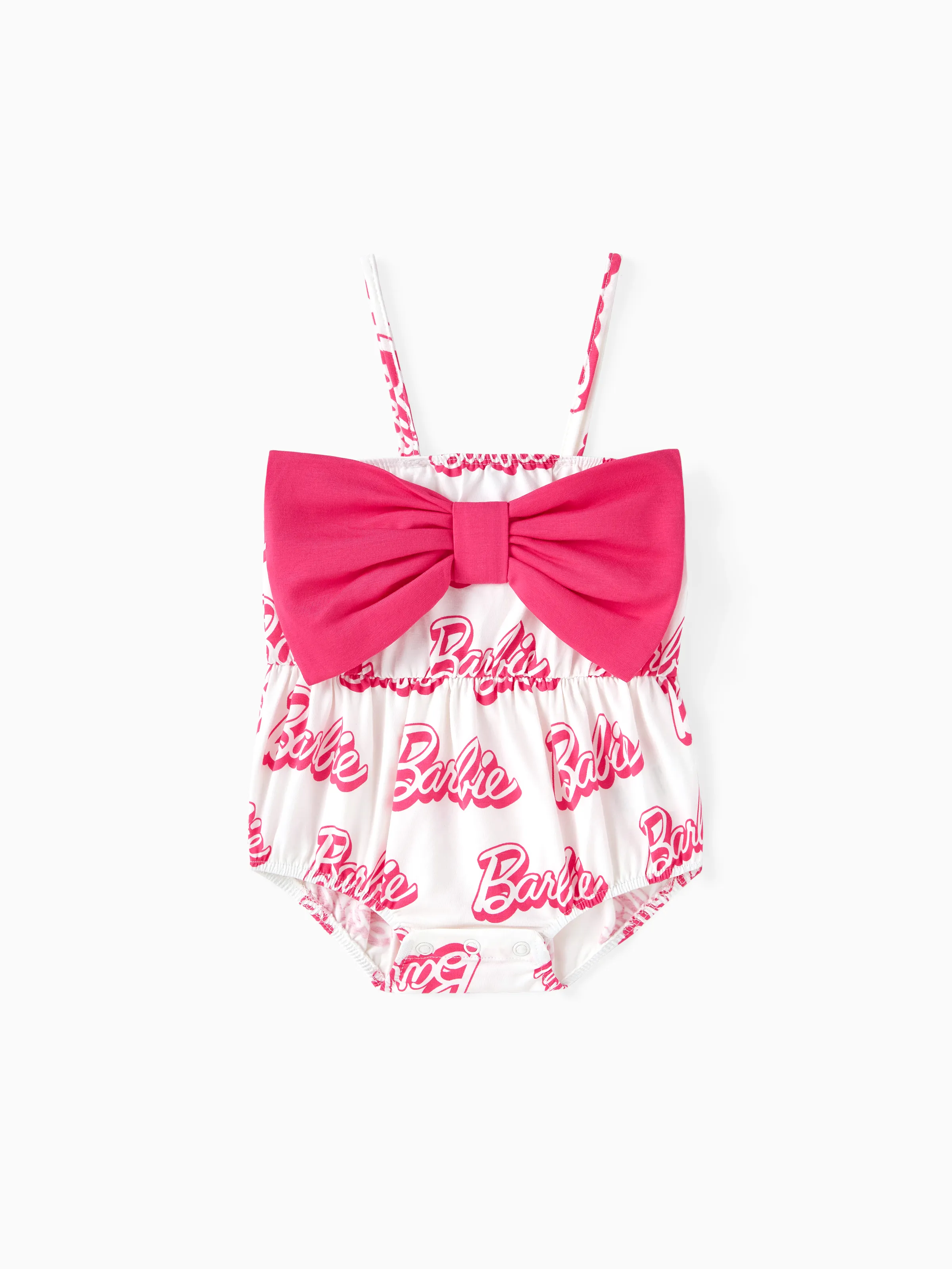 

Barbie Baby Girls 1pc 95% Cotton Allover Letter Print Bow Front Cami Romper