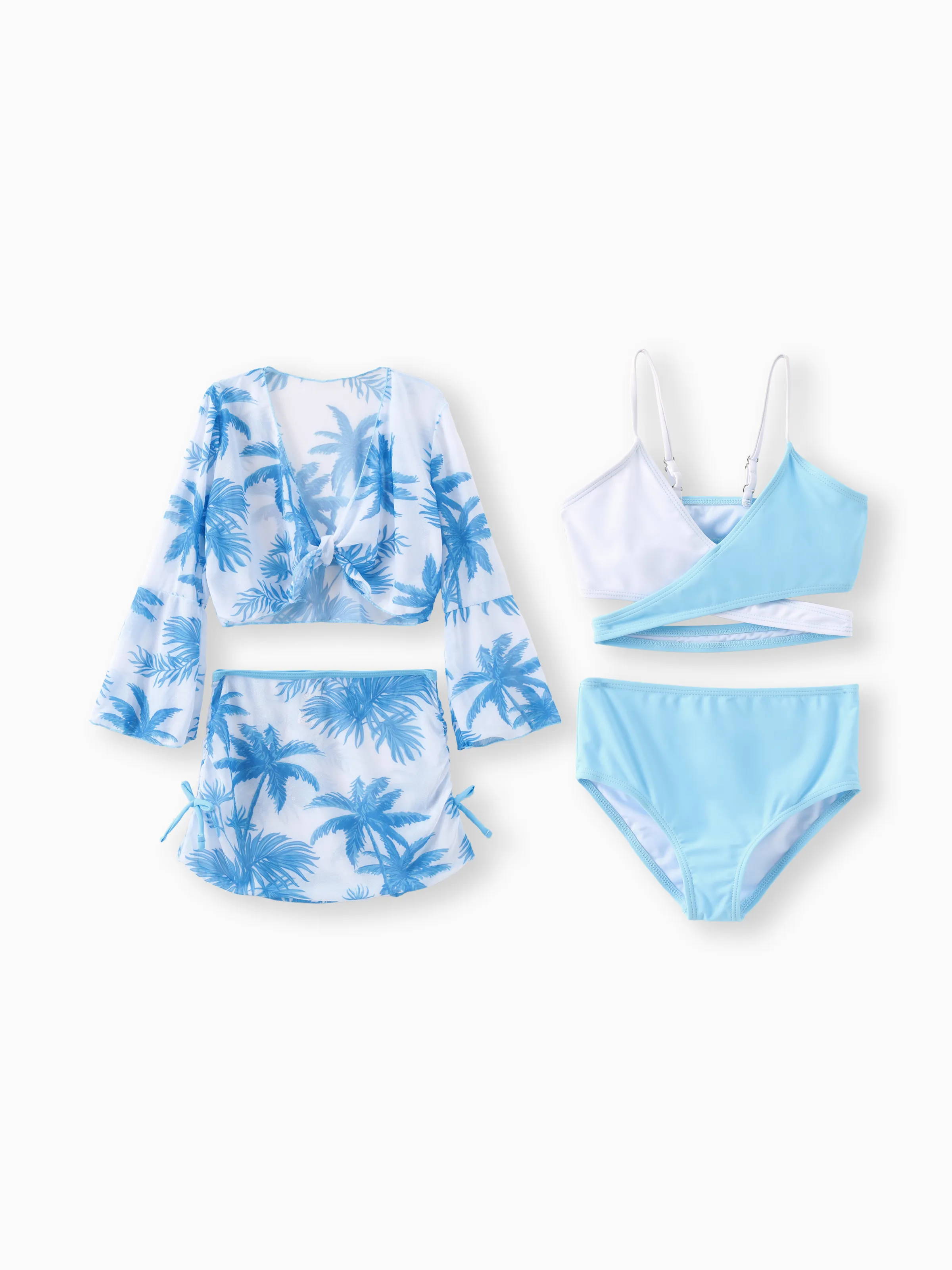 

Bohemia Hanging Strap Girl's Swimsuit Set, 4pcs, Tropical Plants & Flowers Pattern