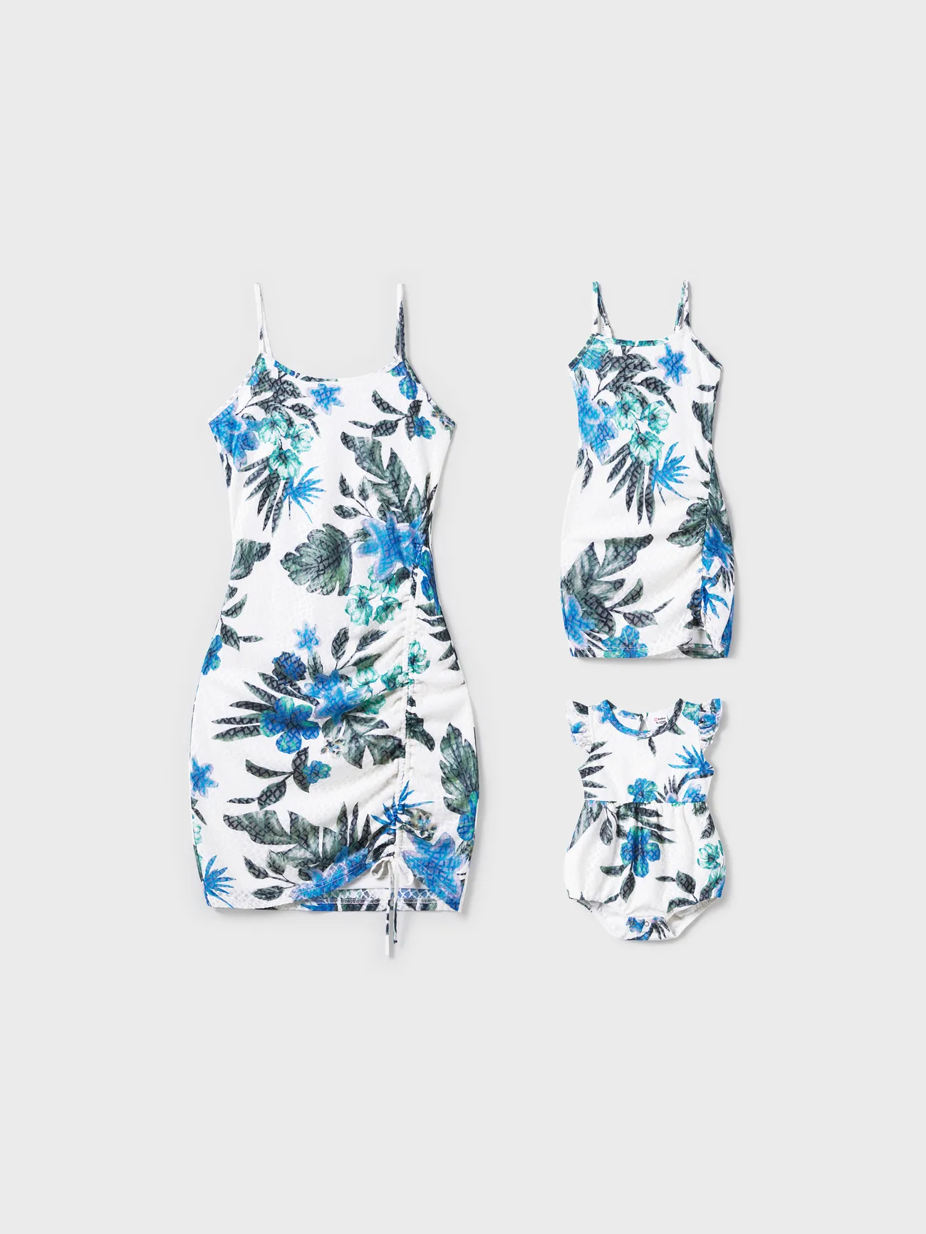 Mommy and Me Matching White Dresses Floral Print -Mesh Strap Dress (Drawstring Bodycon) - White - image 1