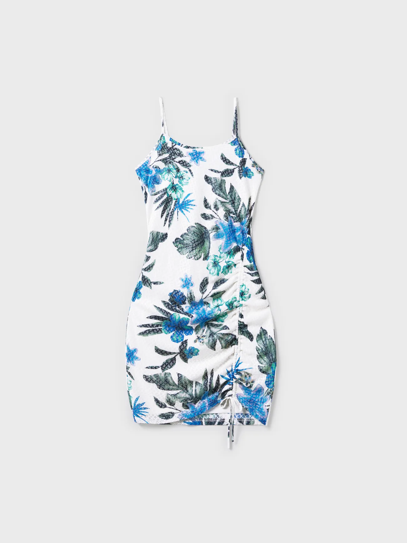 Women - Mommy and Me Matching White Dresses Floral Print -Mesh Strap Dress (Drawstring Bodycon) - White - image 2