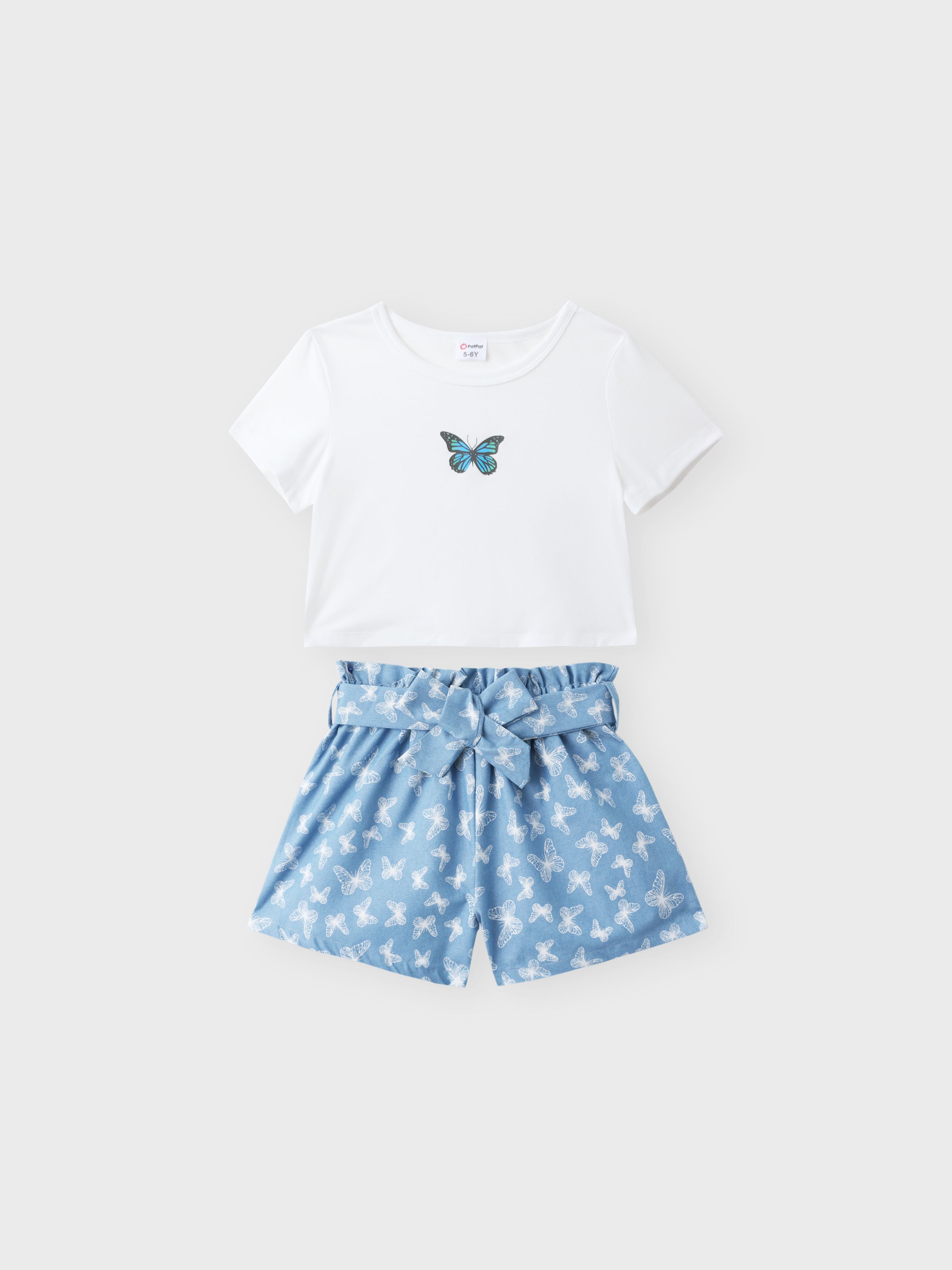

2pcs Kid Girl Butterfly Print Short-sleeve Tee and Belted Shorts Set