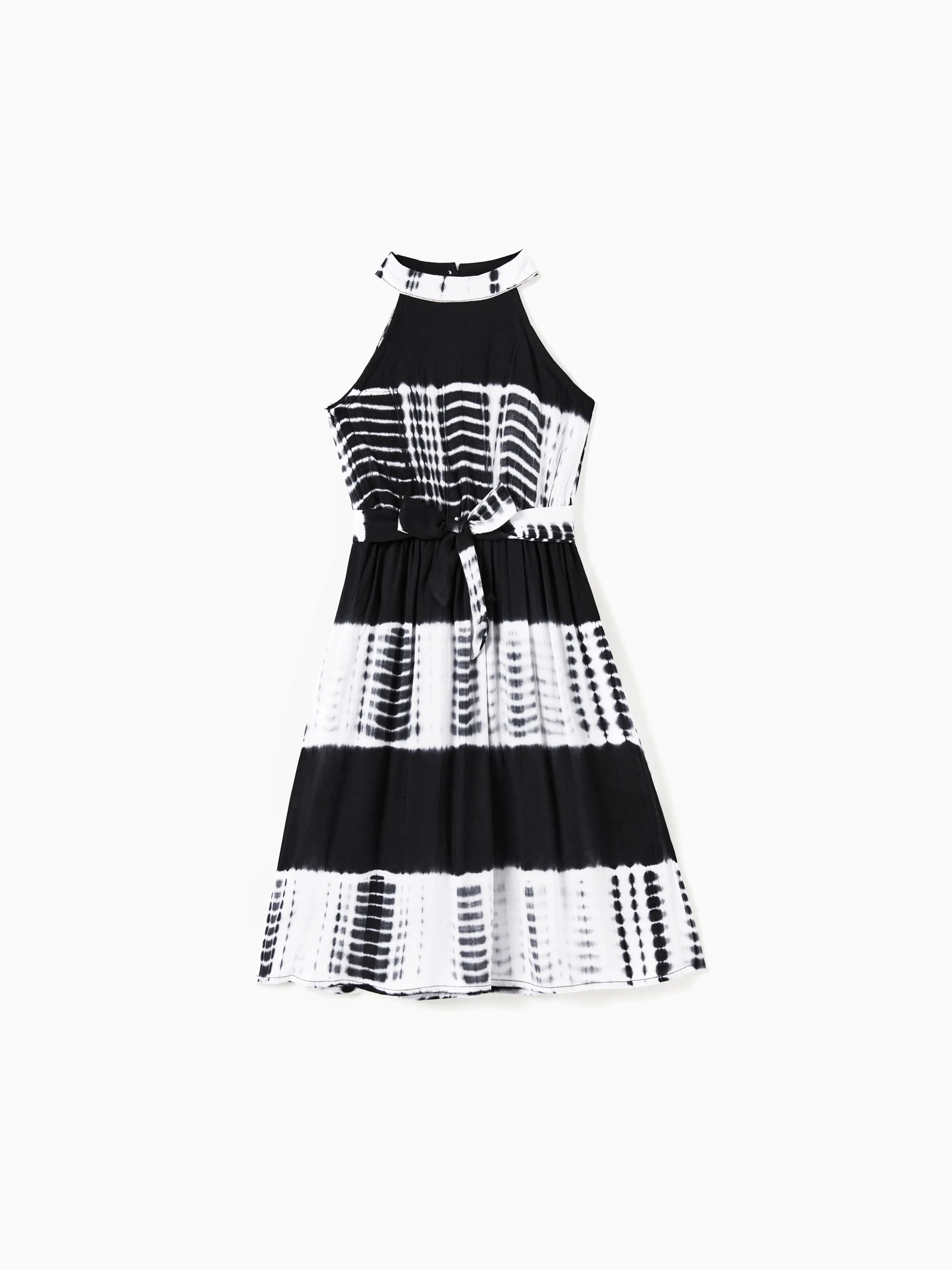 

Family Matching Colorblock Polo Shirt and Stripe Dye-Tie High Neck Halter Belted Dress Sets