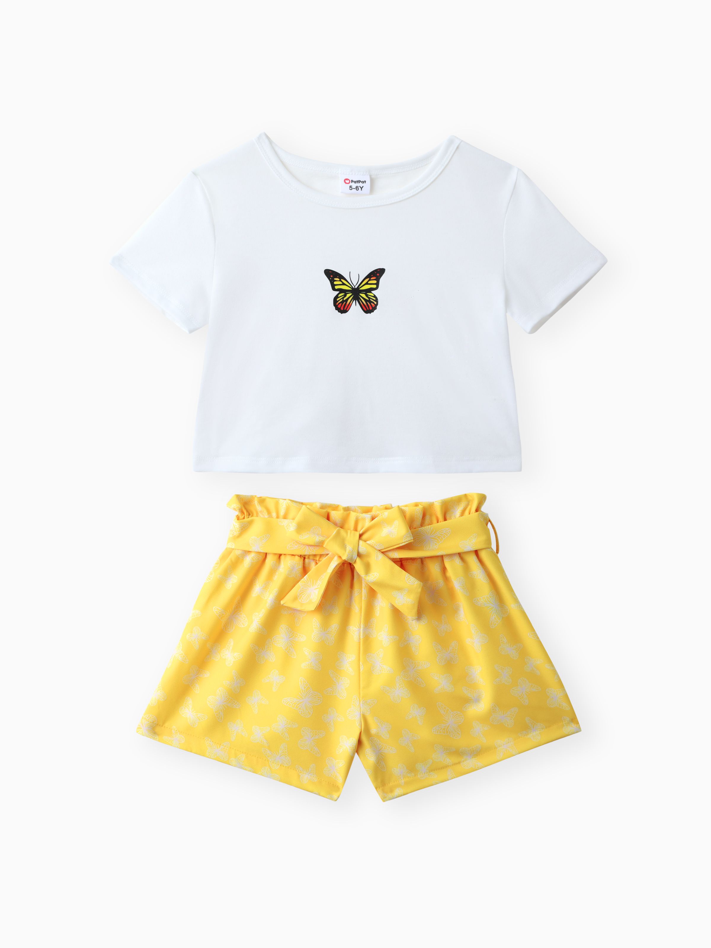 

2pcs Kid Girl Butterfly Print Short-sleeve Tee and Belted Shorts Set