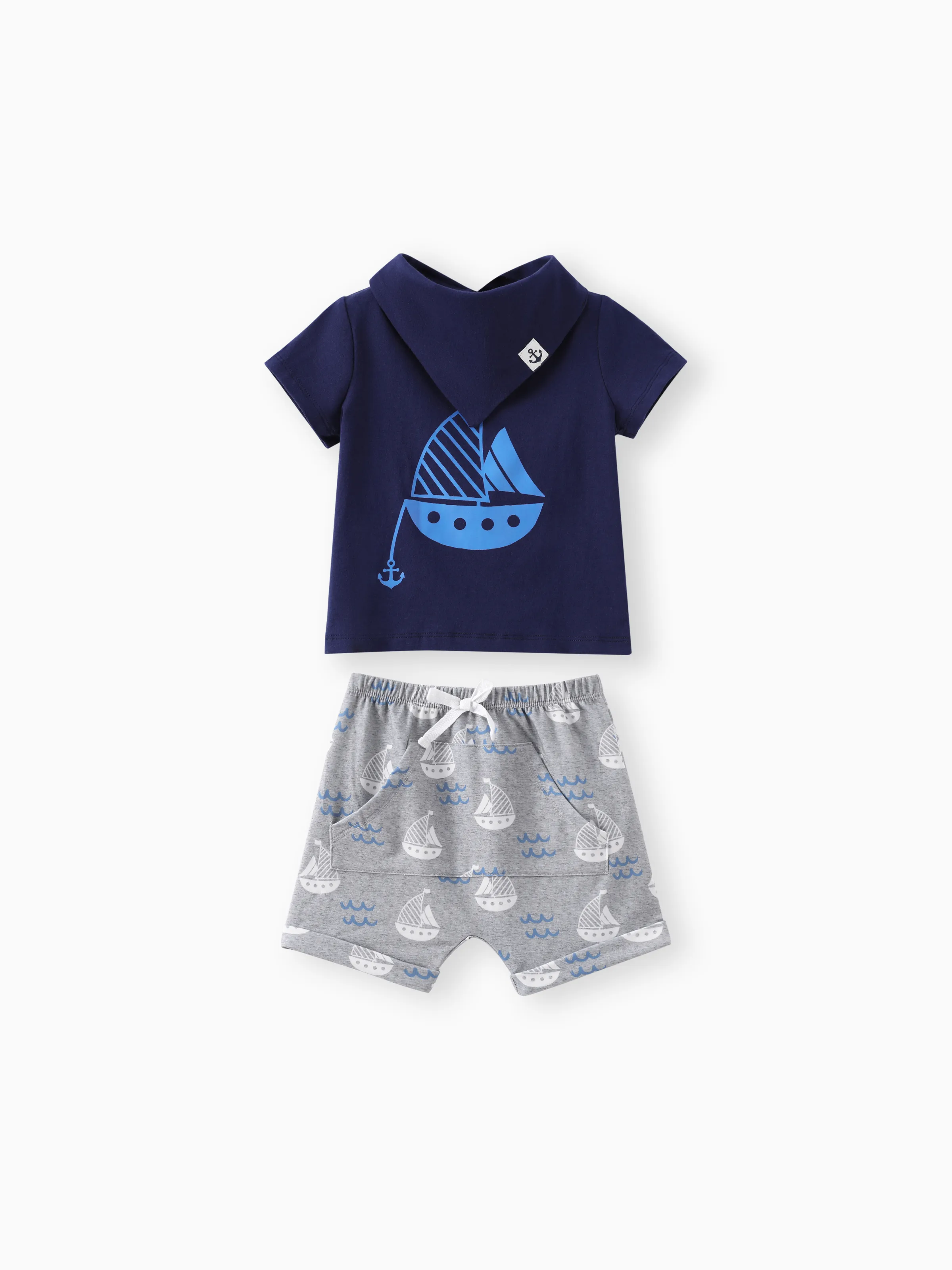 

Baby Boy 3pcs Sailboat Print Tee and Shorts with Bib Set
