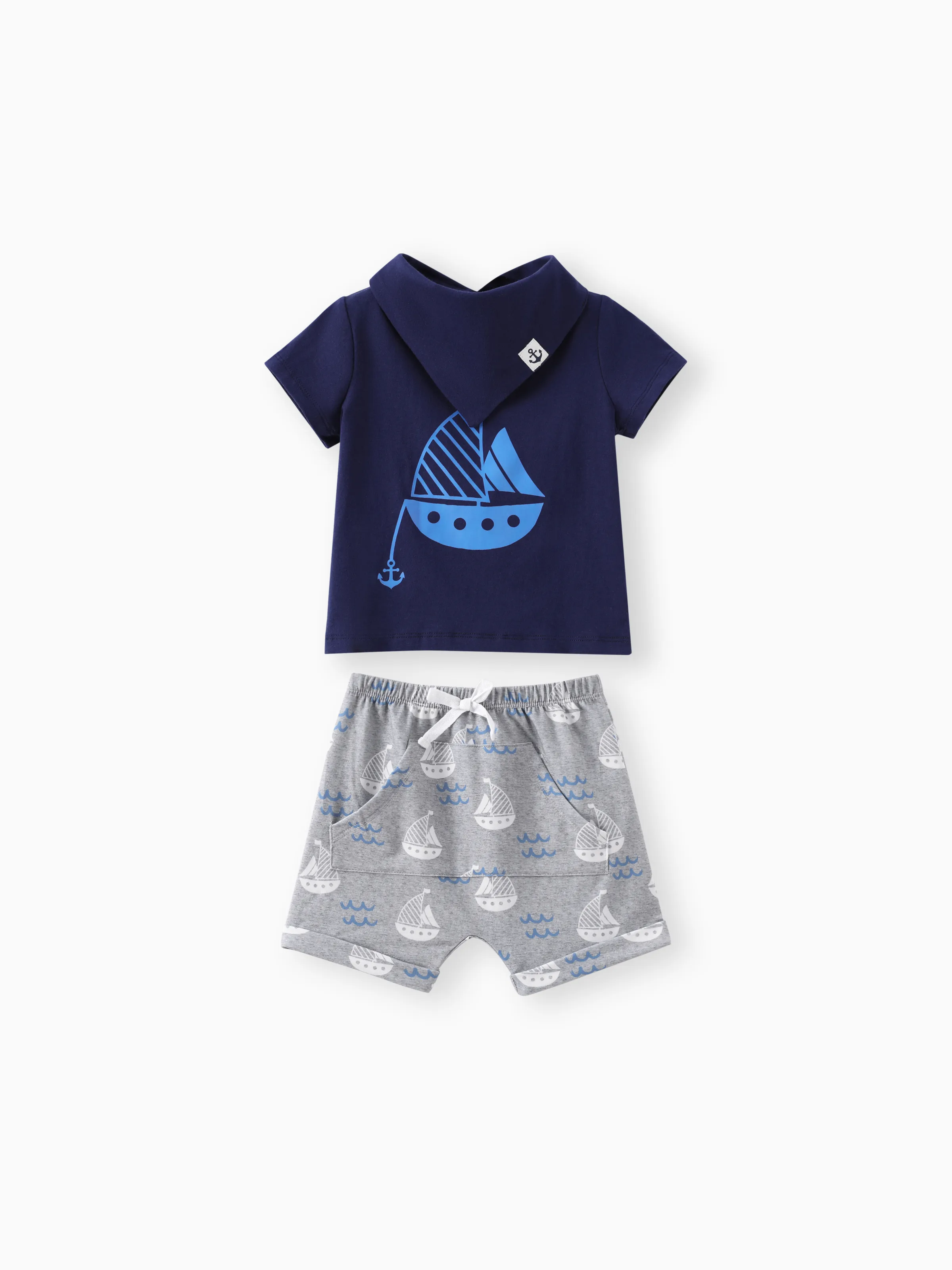 Baby Boy 3pcs Sailboat Print Tee and Shorts with Bib Set