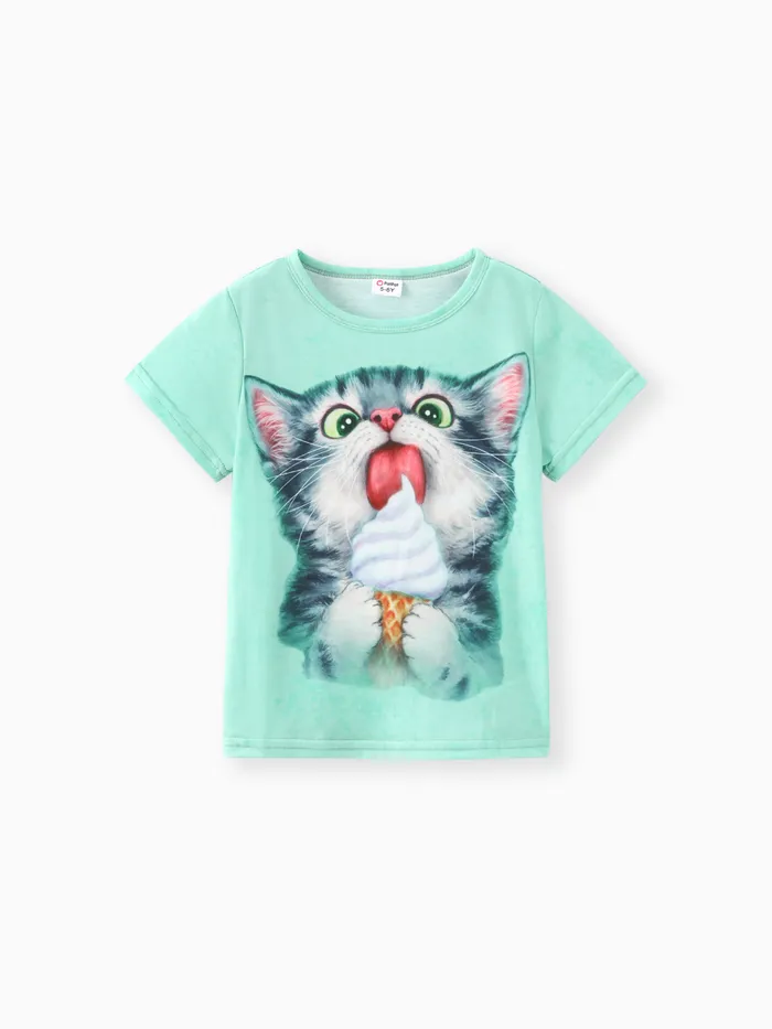 Kid Girl Cute Cat Print Short-sleeve Top