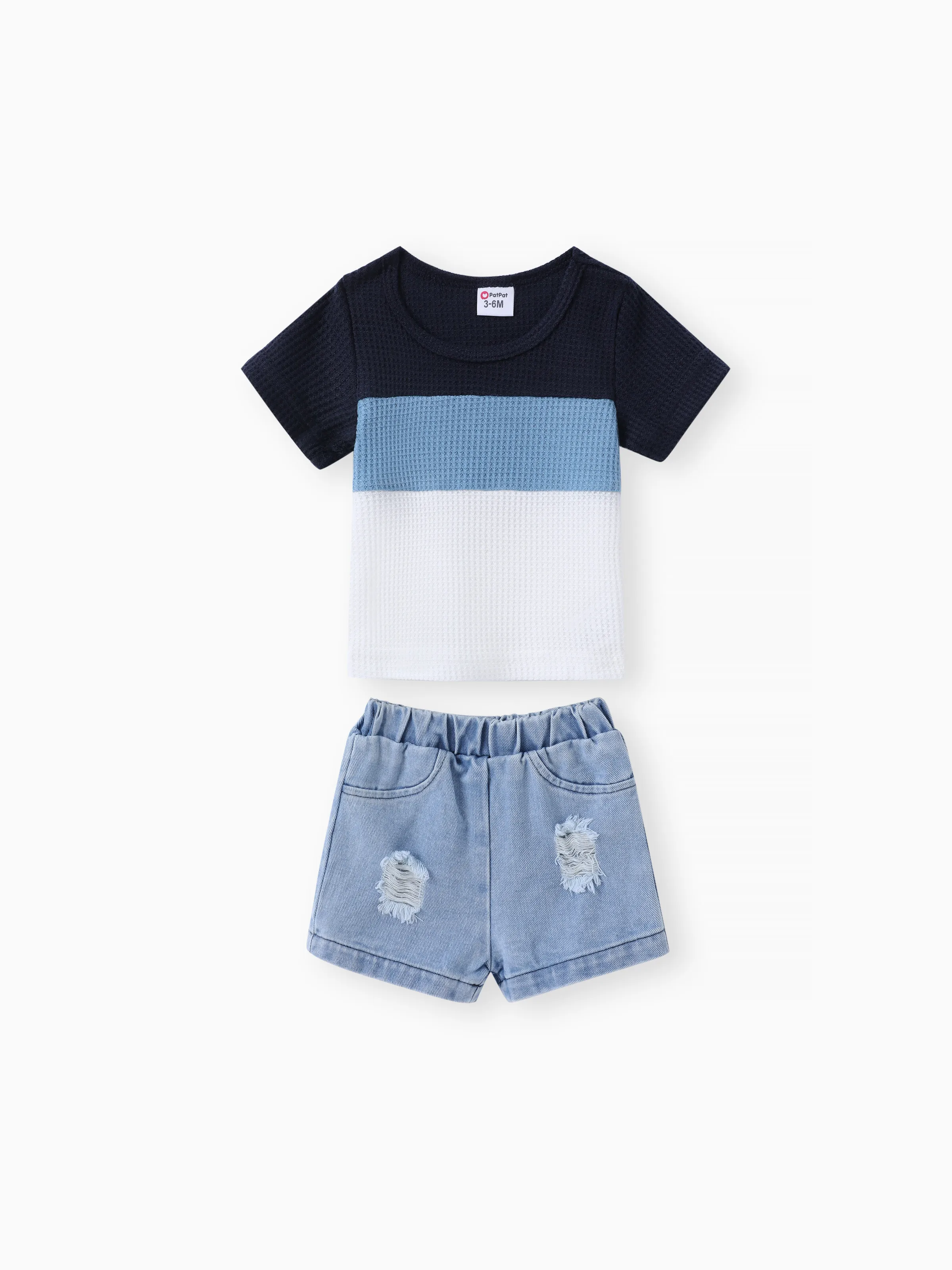 

2pcs Baby Boy Color Block Waffle Top and 100% Cotton Ripped Denim Shorts Set