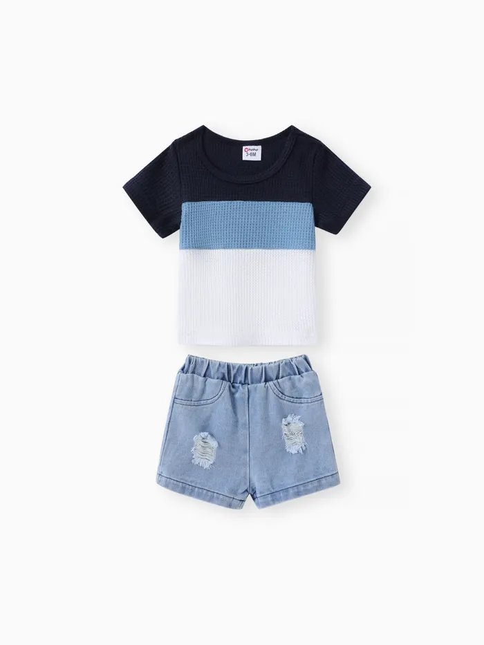 2pcs Baby Boy Color Block Waffle Top and 100% Cotton Ripped Denim Shorts Set