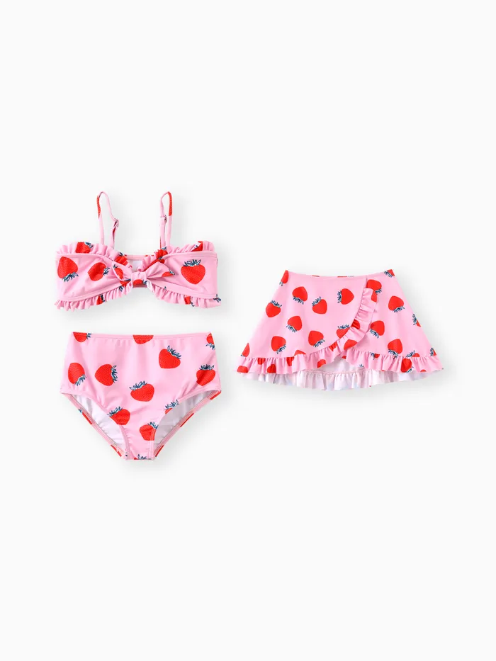 3pcs Kid Girl Strawberry Print Knot Front Swimsuit Set