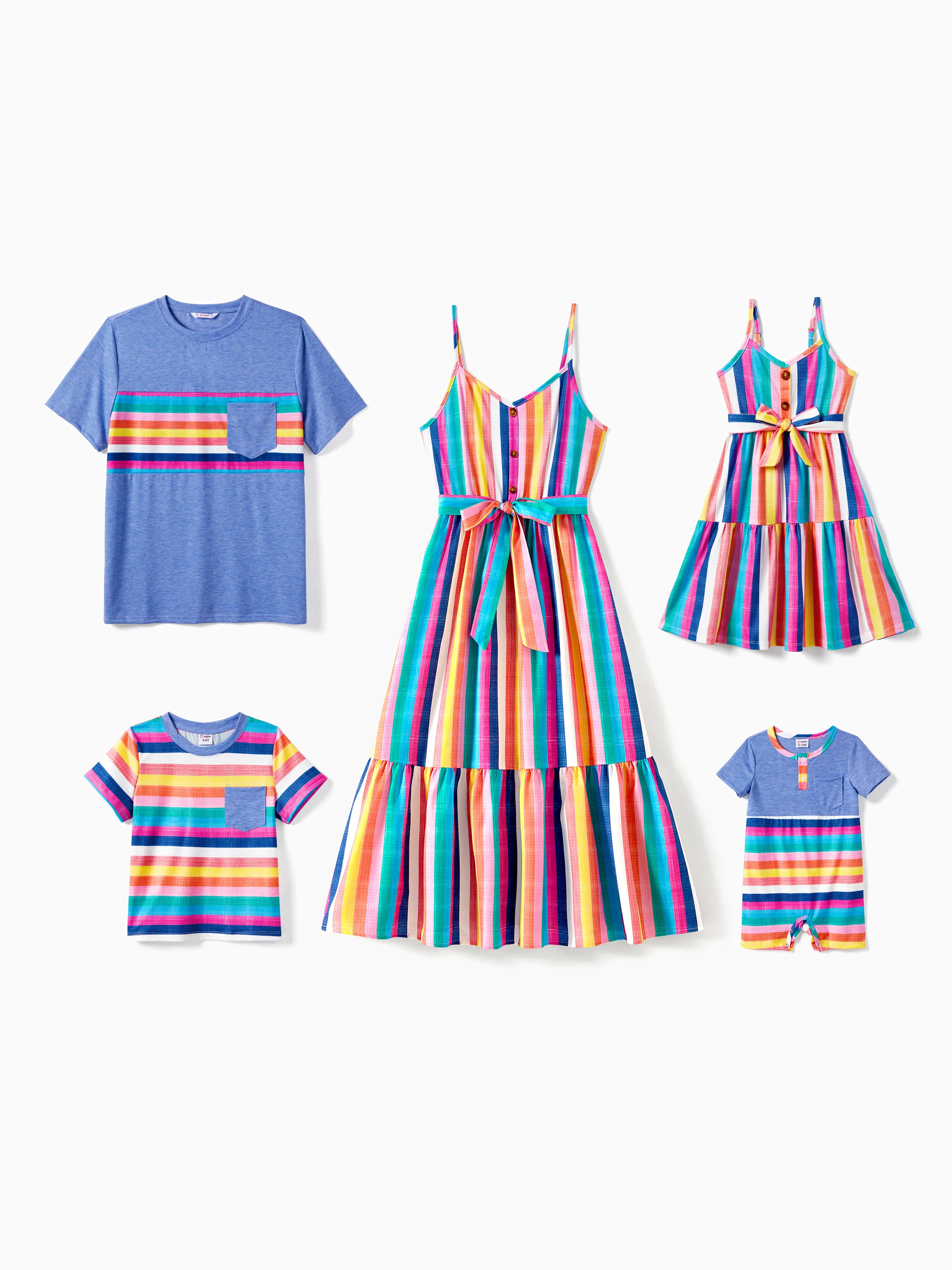 Family Matching Multi-Color Stripe T-shirt and Ruffle Hem Button Strap Dress Sets