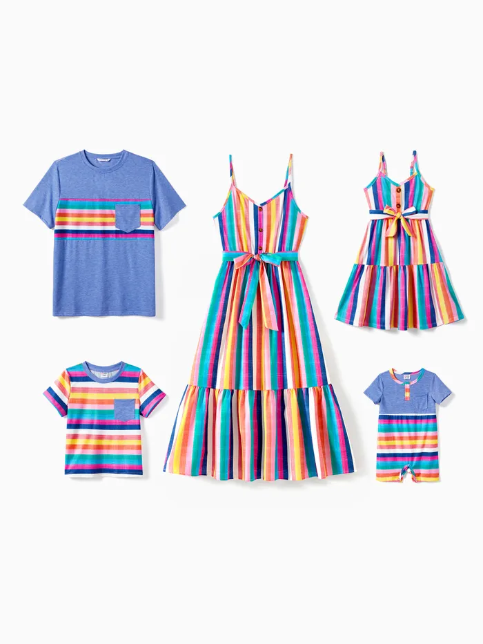 Conjuntos de camiseta de rayas multicolores a juego con la familia y vestidos con correa de botón con dobladillo con volantes