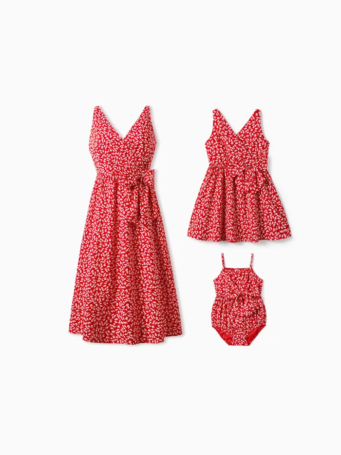 Mommy and Me Ditsy Floral V-Neck Concealed Button Bow Side Dress