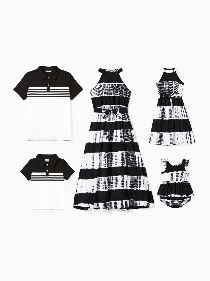 Familien-Matching-Poloshirt mit Farbblock-Poloshirt und Streifen-Dye-Tie Stehkragen und Neckholder-Gürtelkleid-Sets