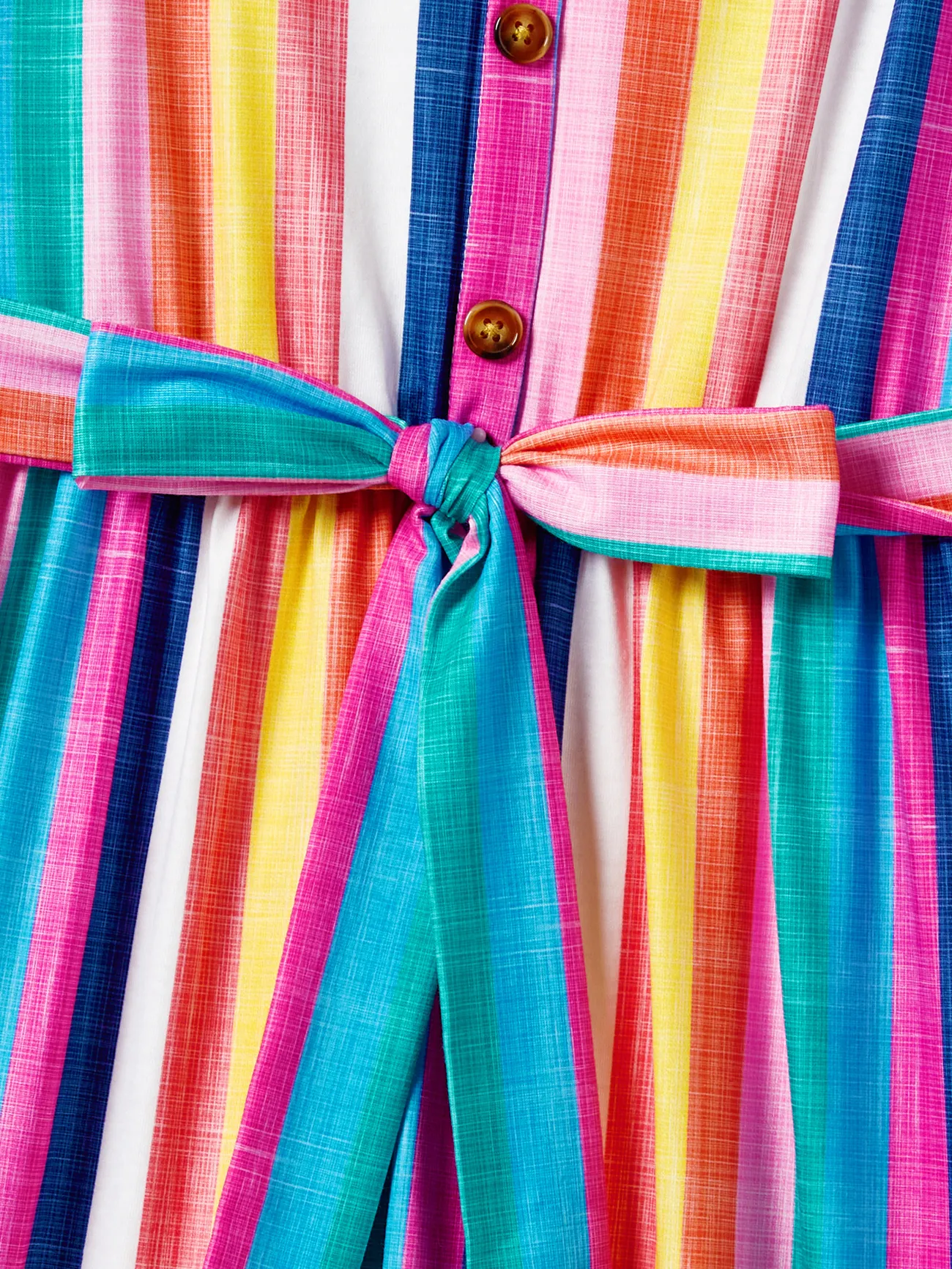 Girl - Family Matching Multi-Color Stripe T-shirt and Ruffle Hem Button Strap Dress Sets - COLOREDSTRIPES - image 9