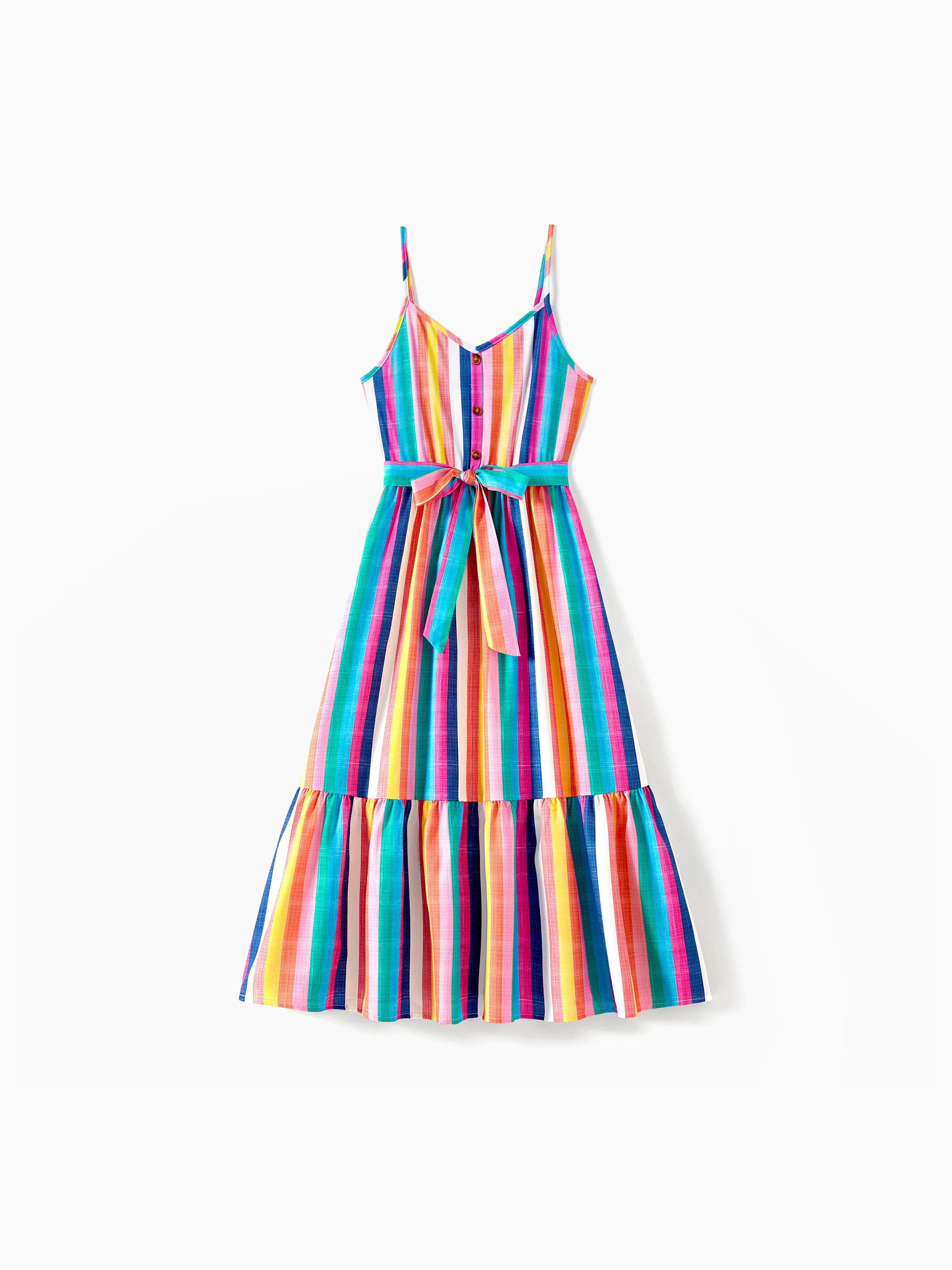 

Family Matching Multi-Color Stripe T-shirt and Ruffle Hem Button Strap Dress Sets