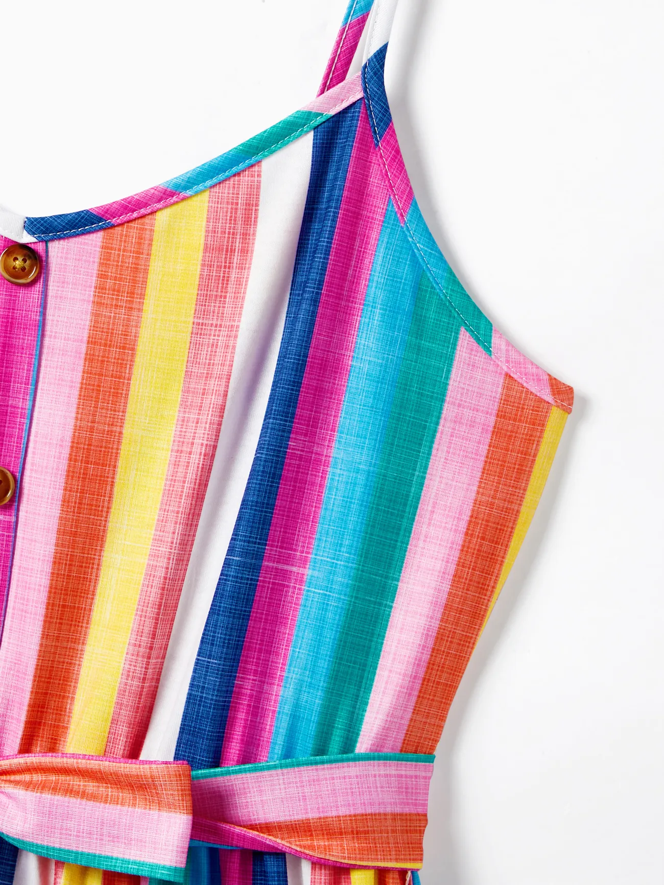 Women - Family Matching Multi-Color Stripe T-shirt and Ruffle Hem Button Strap Dress Sets - COLOREDSTRIPES - image 3