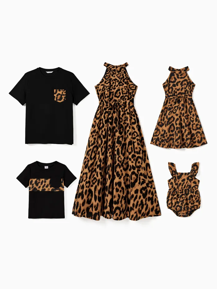 Family Matching Black Tee and Leopard Print High Neck Halter Tie Back Dress Sets