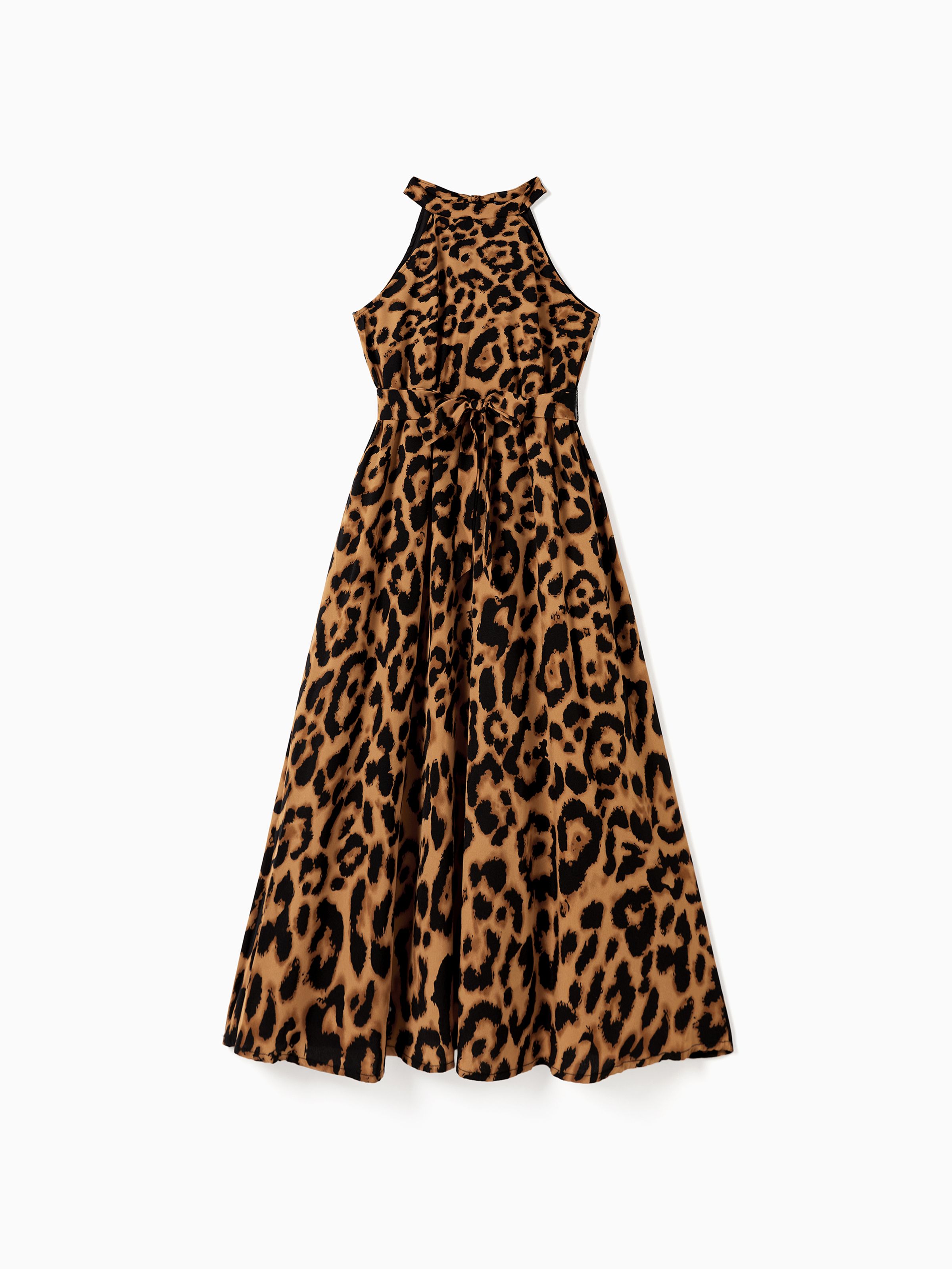 

Family Matching Black Tee and Leopard Print High Neck Halter Tie Back Dress Sets