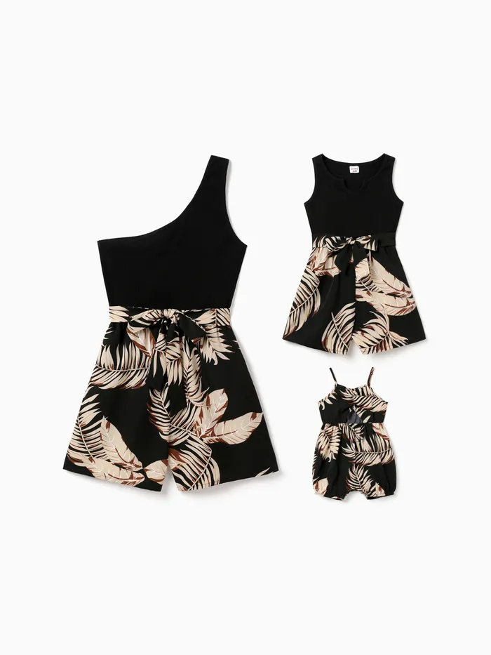 Mommy and Me One-Shoulder Leaf Printed Romper with Pockets
