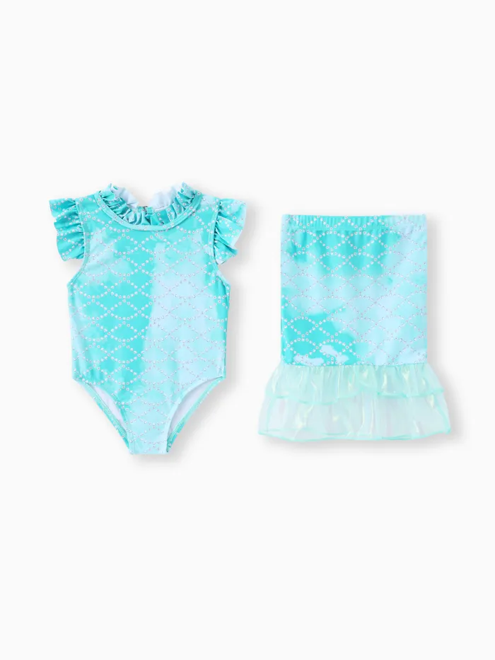 Girls' 2pcs Sweet Swimsuit with Marine Elements and Ruffle Edge - Polyester Spandex Blend