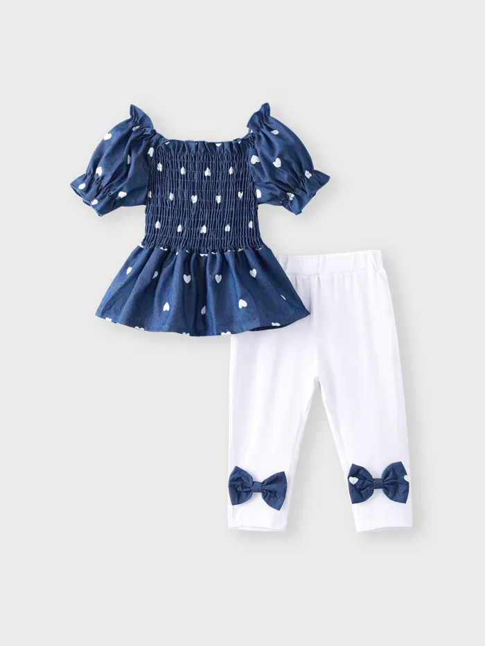 2pcs Baby Girl 95% Cotton Bowknot Decor Pants and Allover Love Heart Print Puff-sleeve Shirred Imitation Denim Top Set