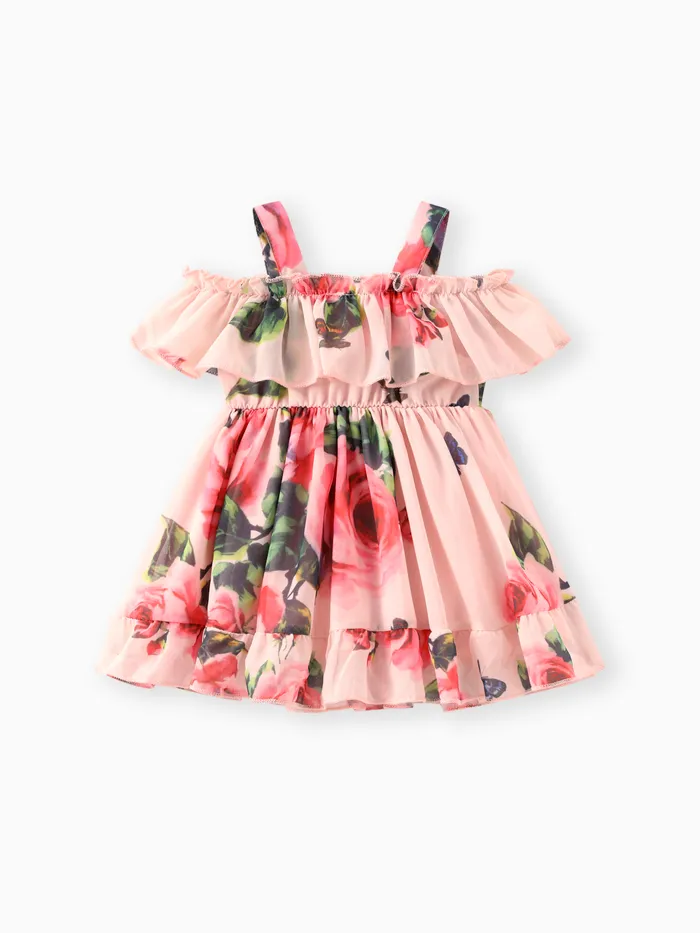 Baby Girl Allover Floral Print Ruffled Cold Shoulder Flowy Chiffon Dress