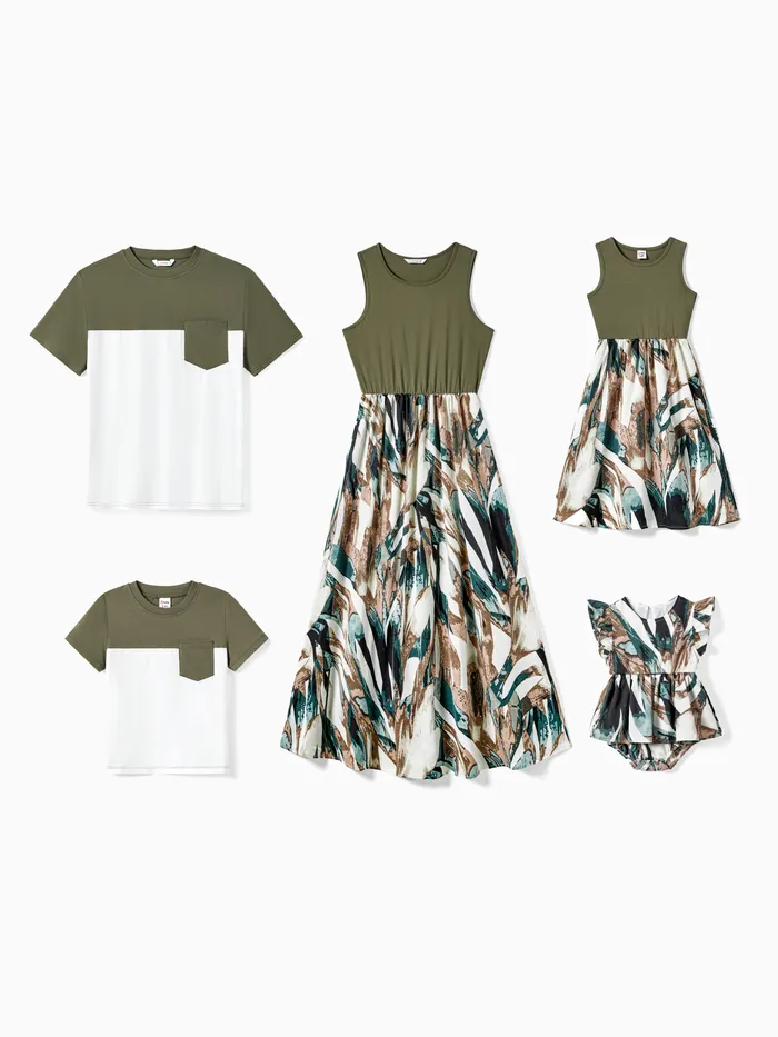 Family Matching Colorblock T-Shirt and Tank Top Spliced Floral A-Line Dress Sets