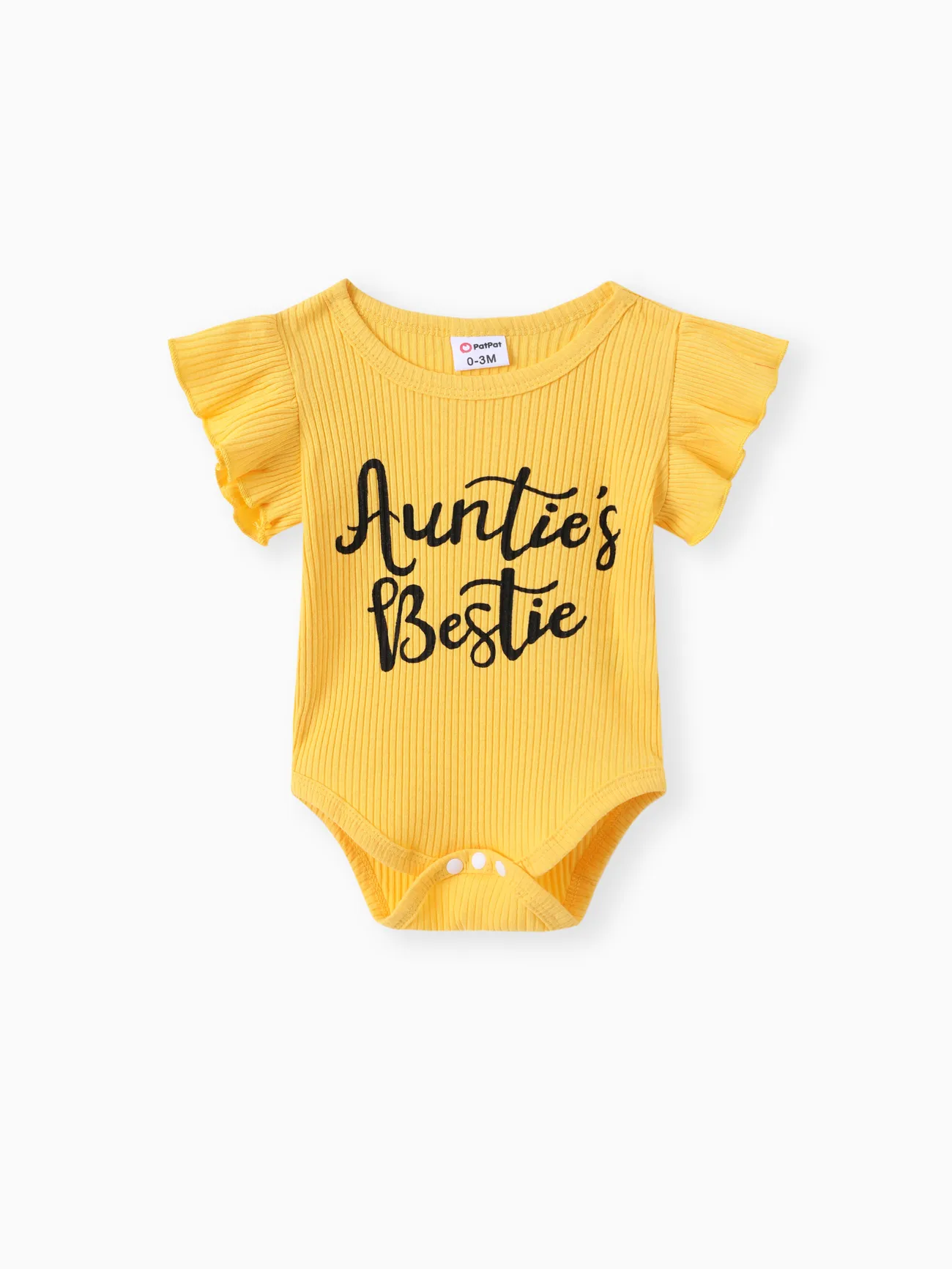 Yellow - 3pcs Baby Girl 100% Cotton Belted Ripped Denim Skirt and Letter Print Ribbed Flutter-sleeve Romper & Headband Set - image 2